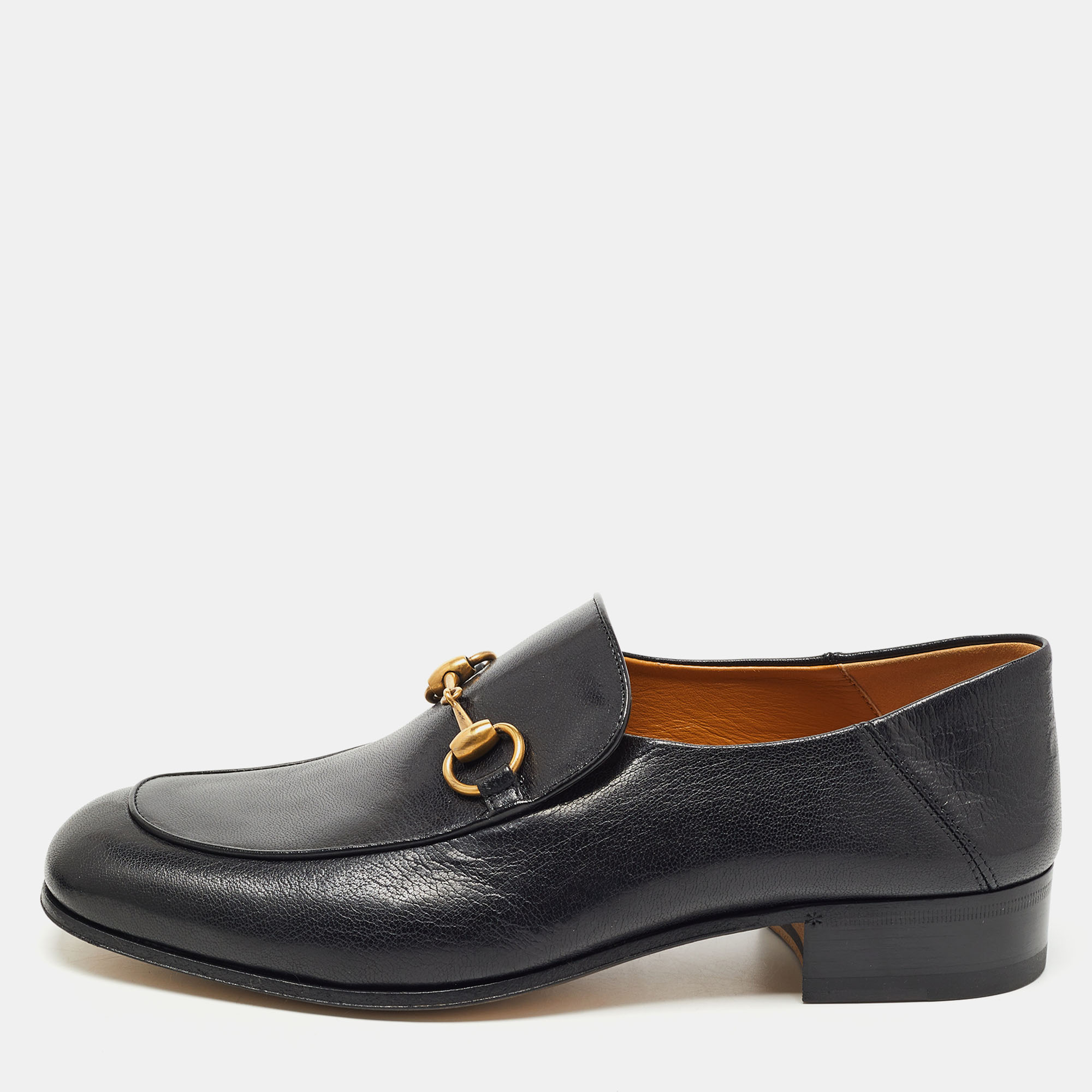 Gucci Black Leather Jordaan Horsebit Slip On Loafers Size 42