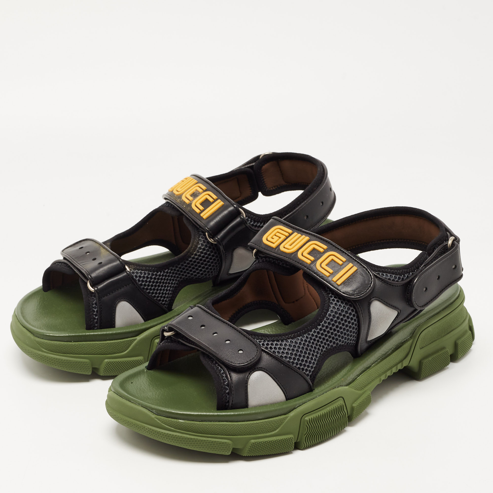 

Gucci Black Leather and Mesh Aguru Sandals Size