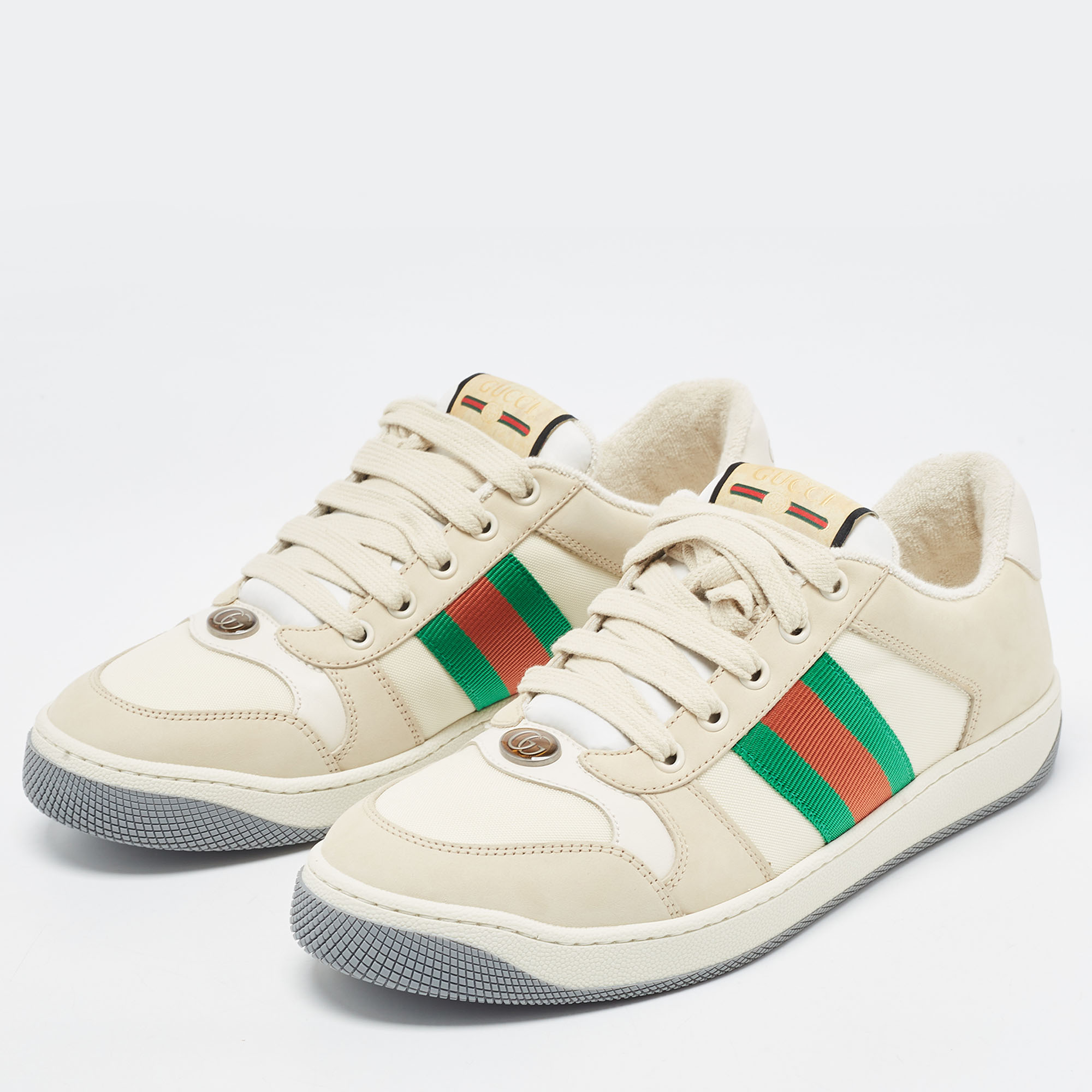 

Gucci Cream Nubuck and Canvas Screener Low Top Sneakers Size