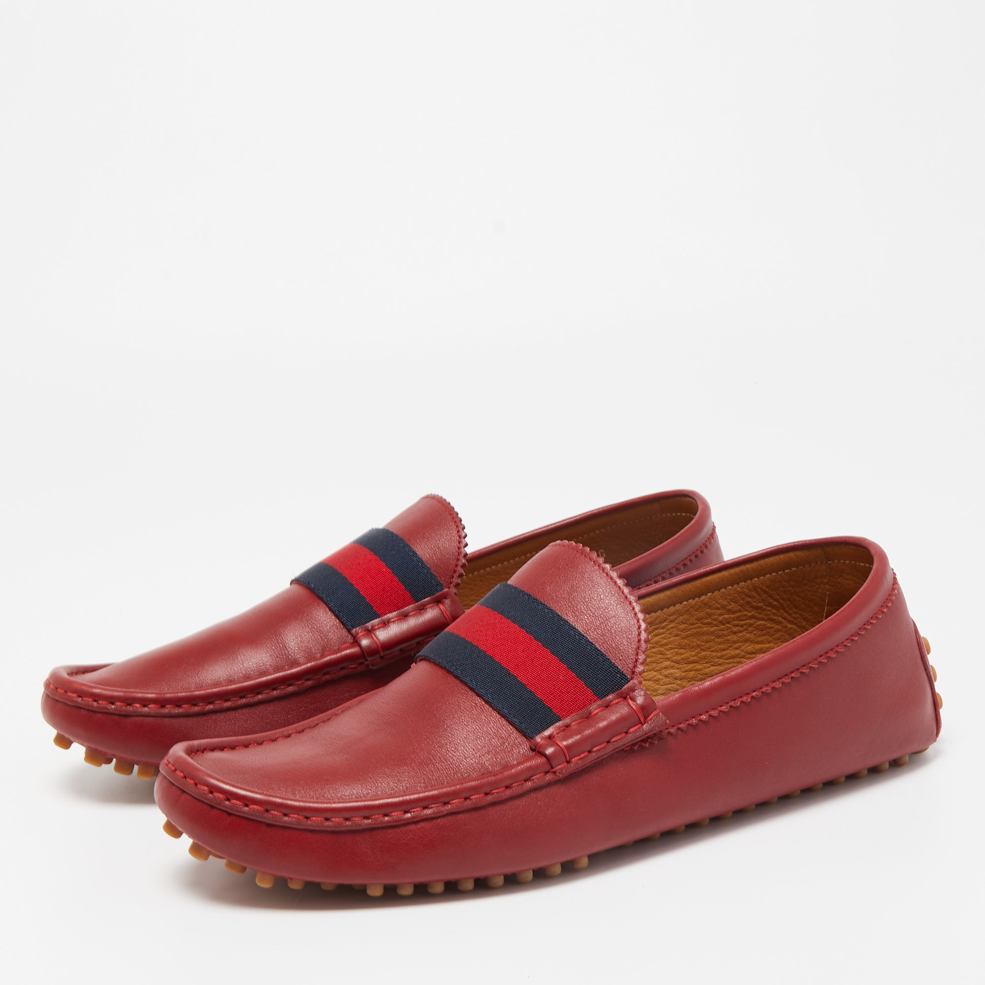 

Gucci Red Leather Web Slip On Loafers Size