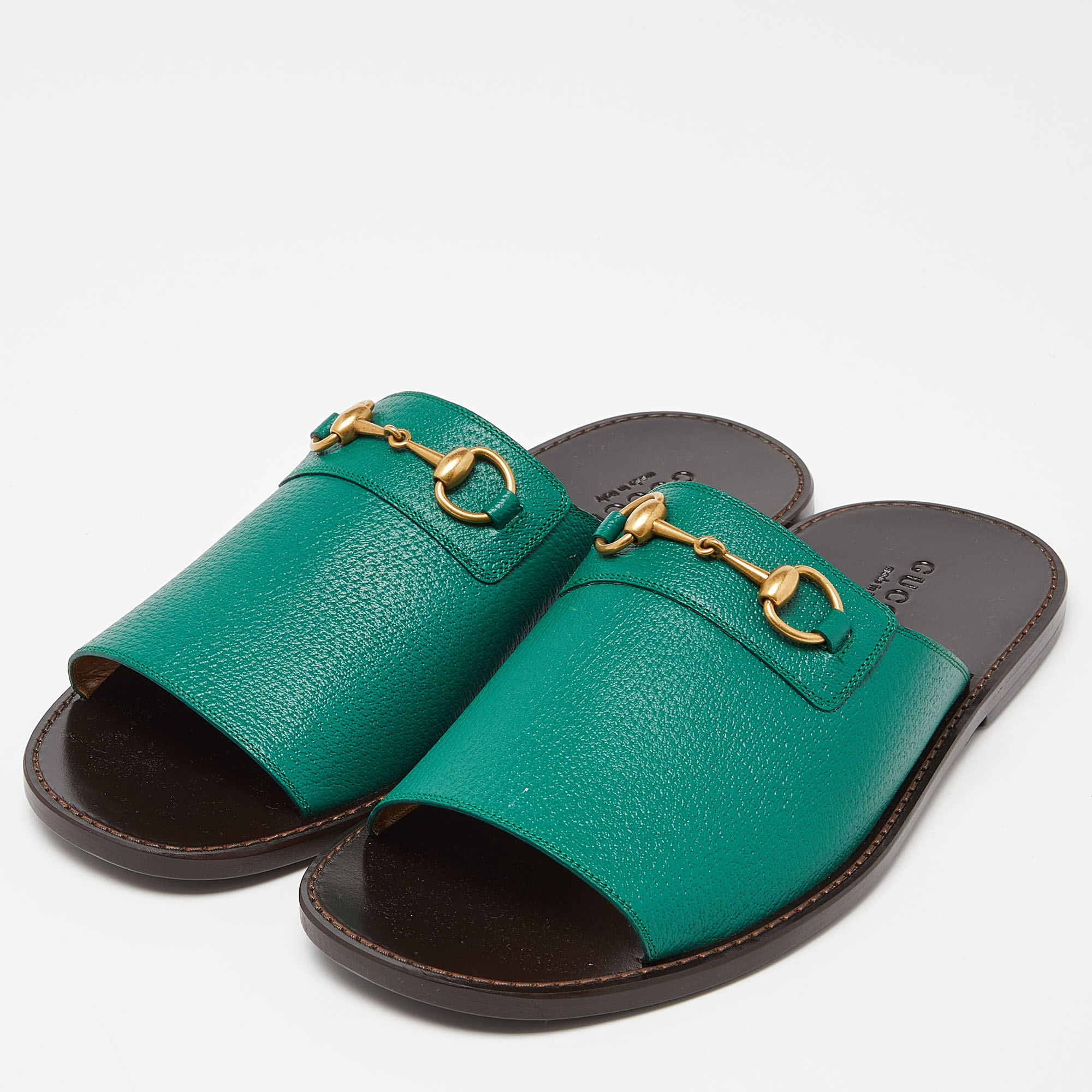 

Gucci Green Leather Horsebit Flat Slides Size