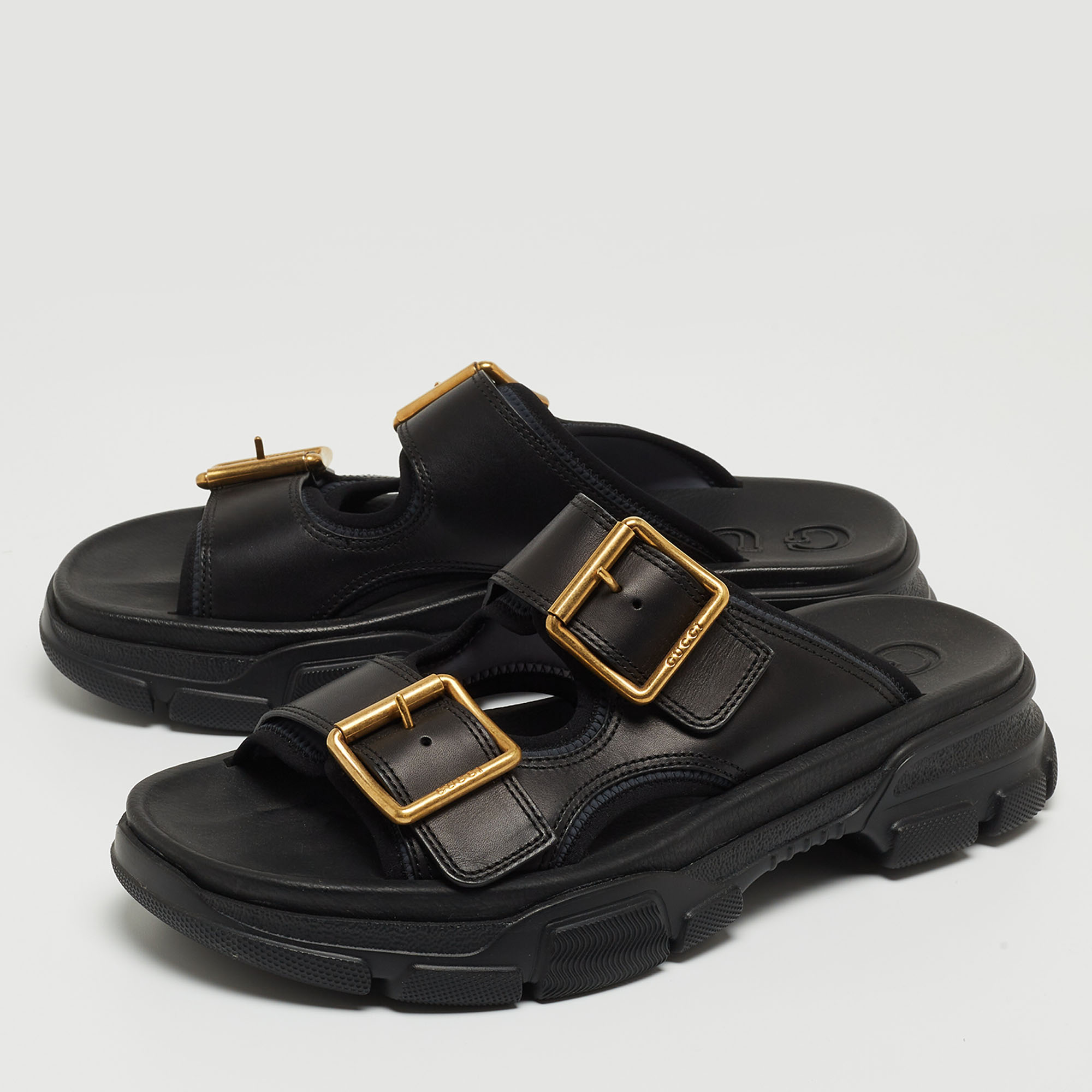 

Gucci Black Leather Aguru Double Buckle Flat Sandals Size