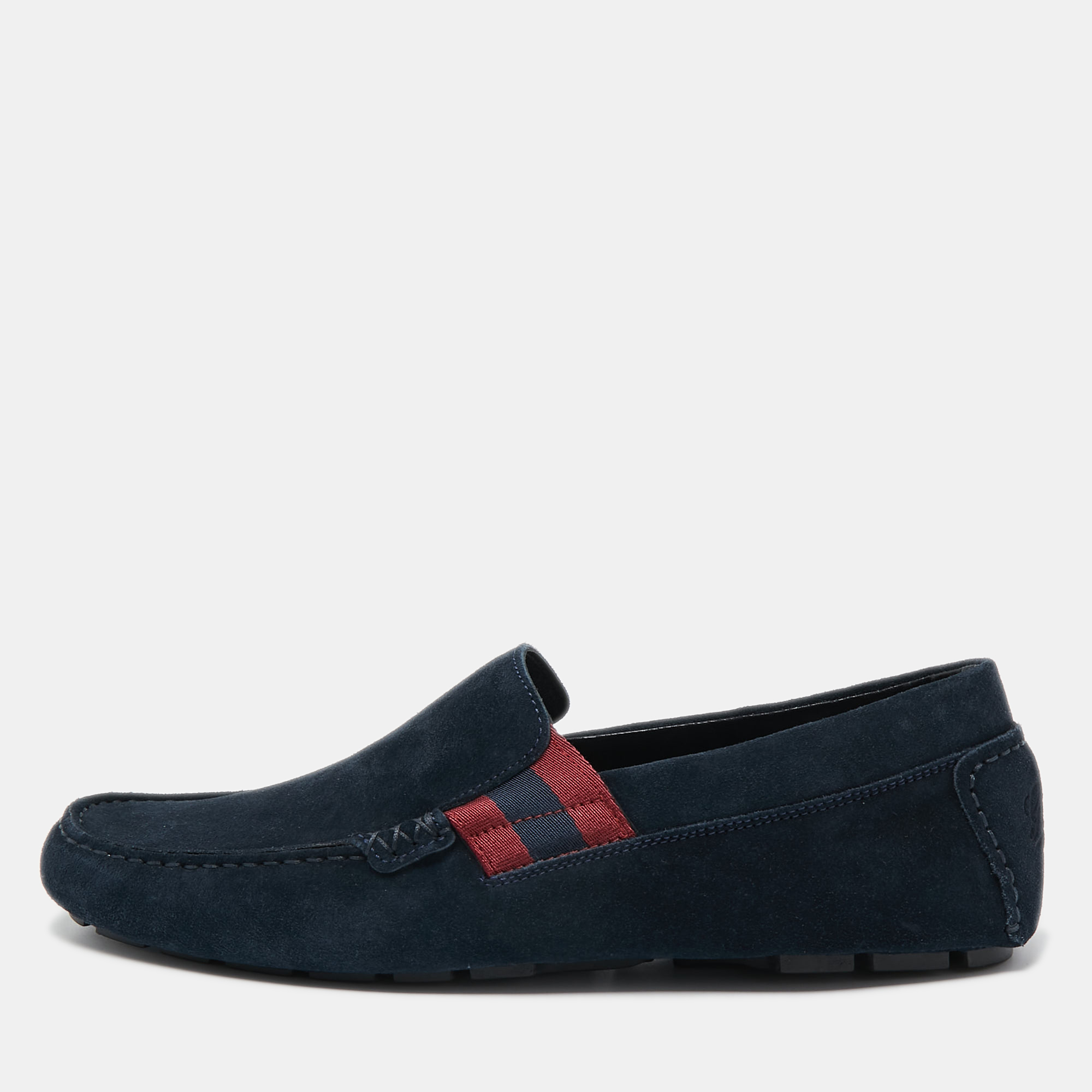 Pre Owned Gucci Dark Blue Suede Web Detail Loafers Size 41.5