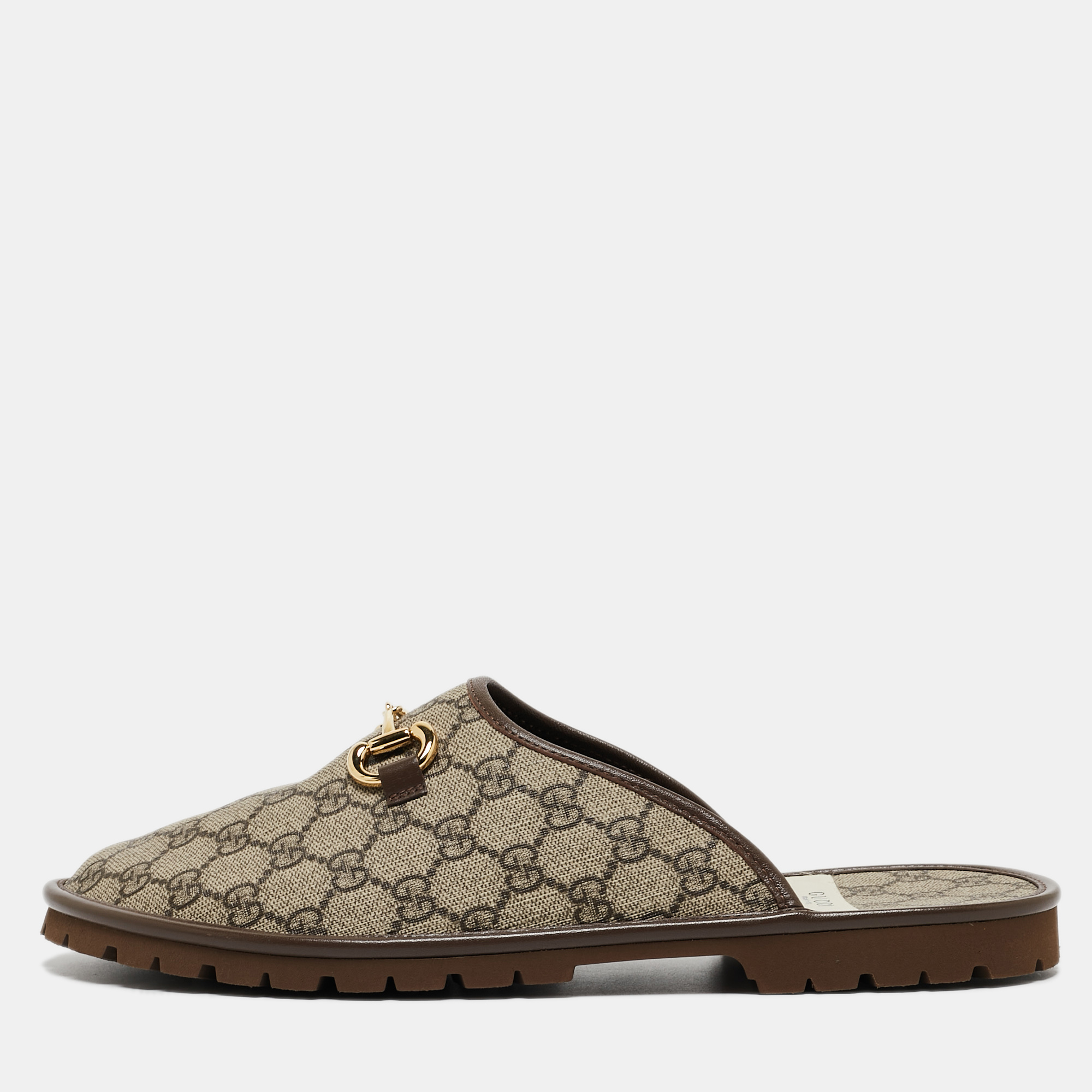 Gucci Brown Canvas and Leather Trim Embellishment Mules Size 45