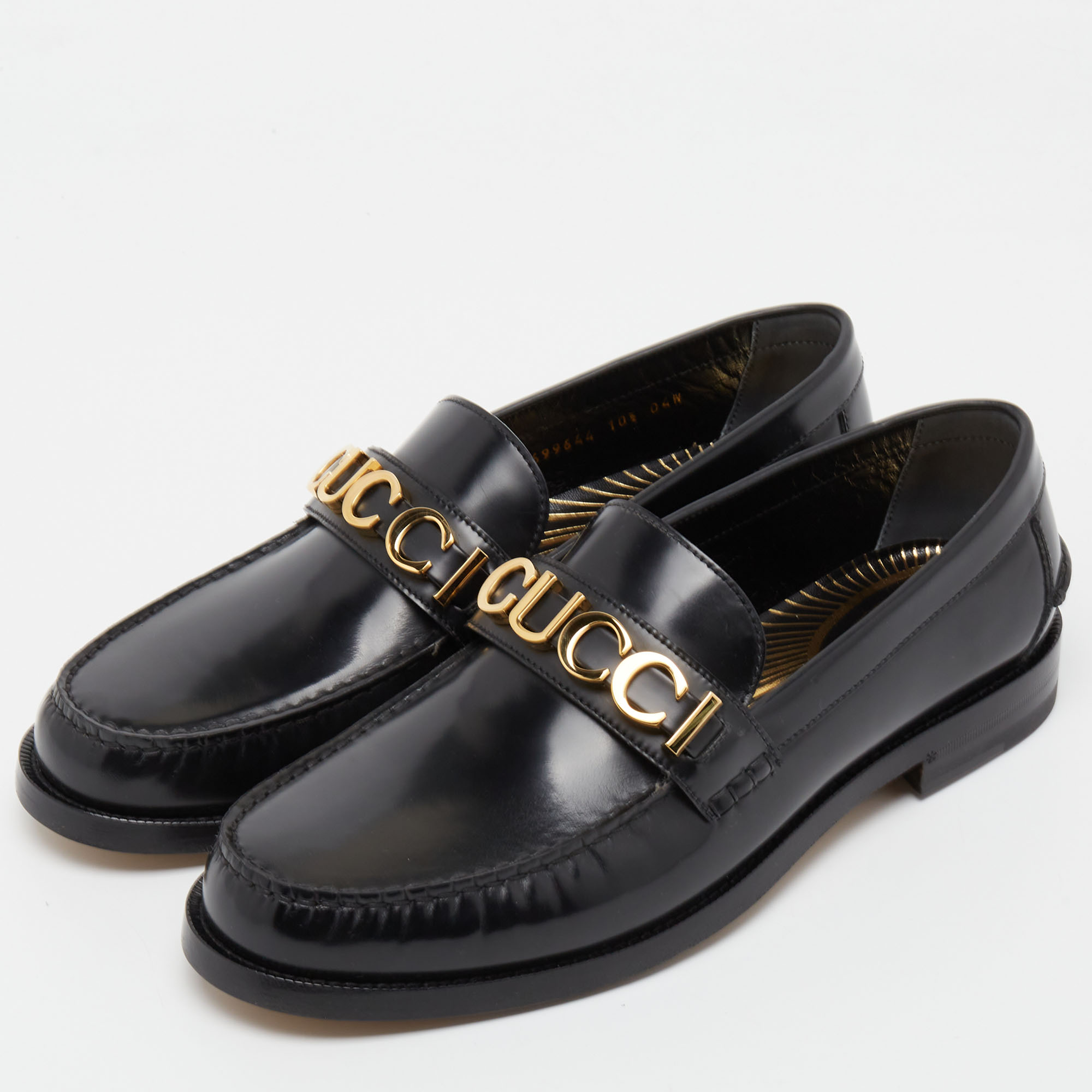 

Gucci Black Leather Cara Logo Embellished Loafers Size