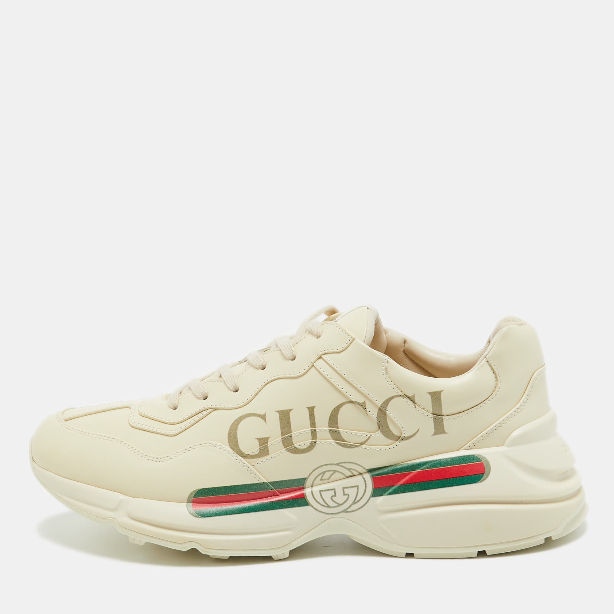 Pre-owned Gucci Cream Leather Logo Print Rhyton Sneakers Size 45