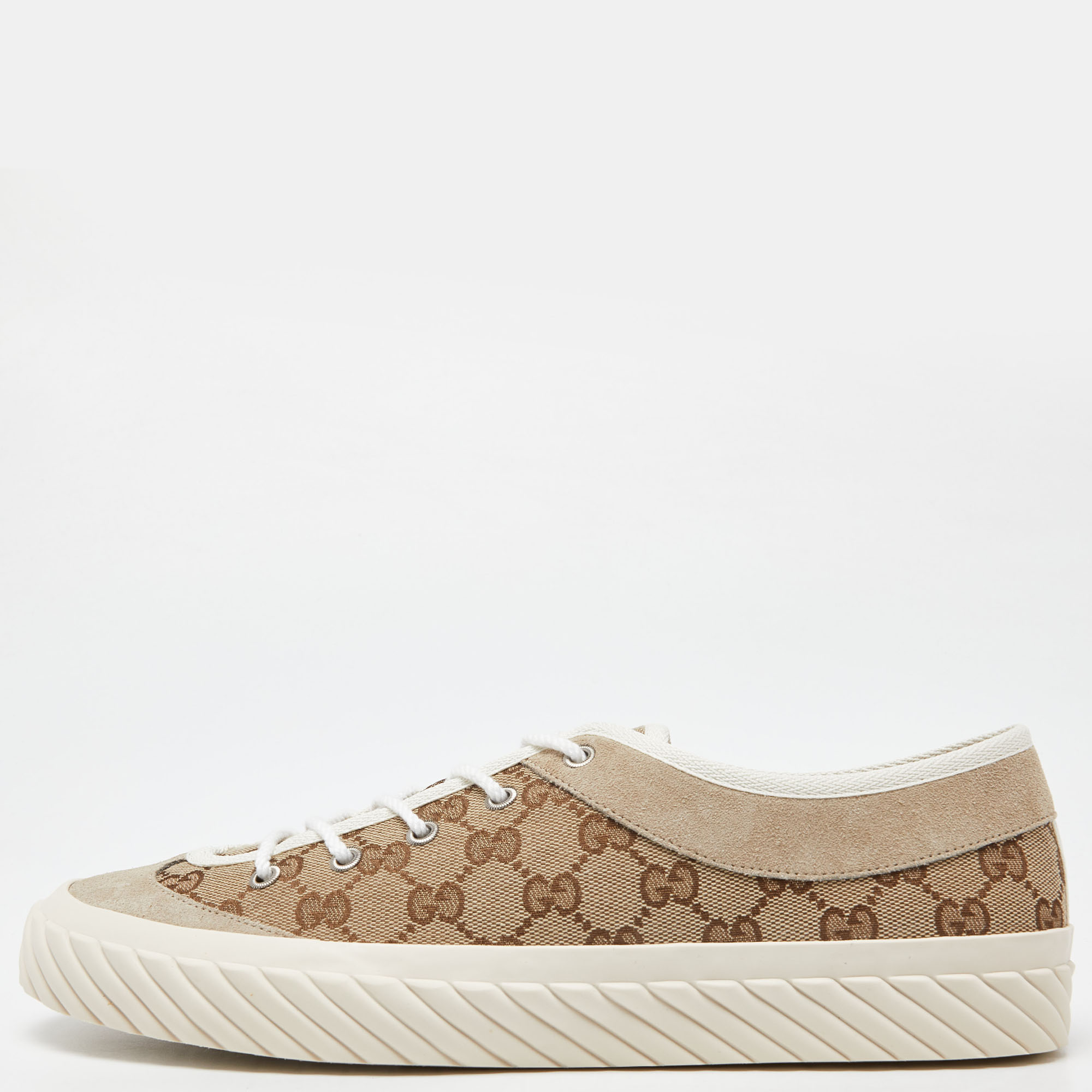 Pre-owned Gucci Brown/beige Gg Canvas And Suede Sneakers Size 43.5