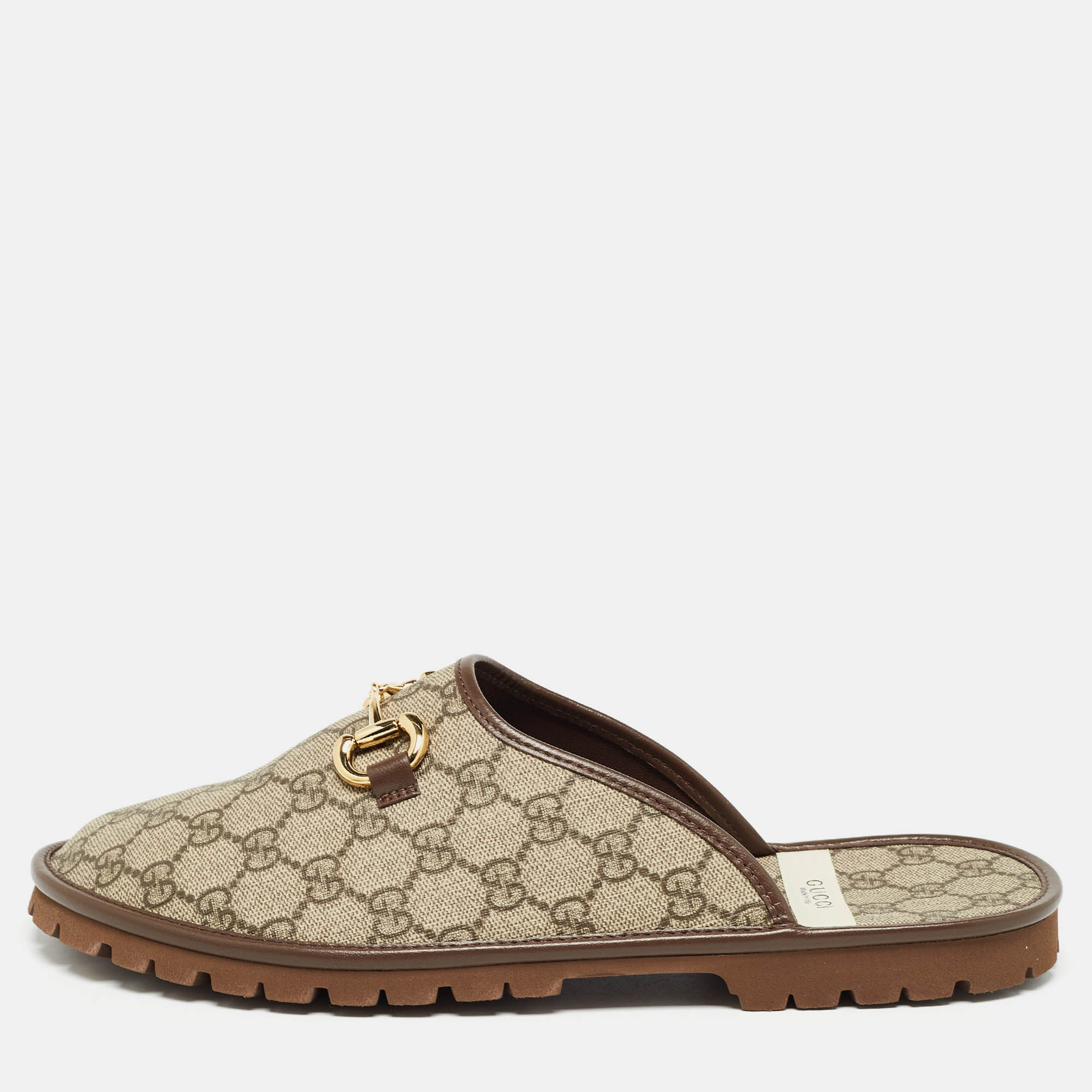 مملوكة مسبقًا Gucci Beige/Ebony GG Supreme Canvas Horsebit Flat Mules Size 44.5