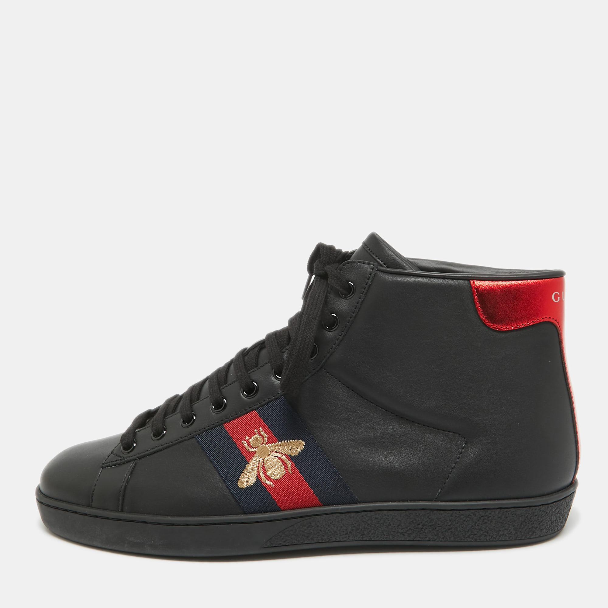 

Gucci Black Leather Embroidered Bee Ace High Top Sneakers Size