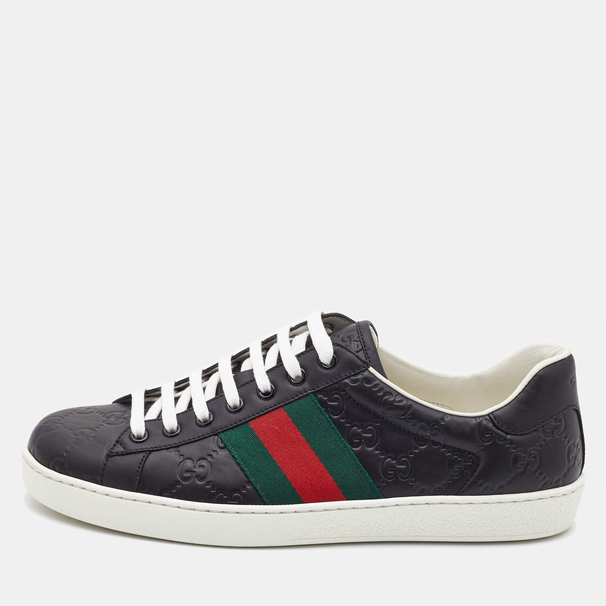 Gucci Black Guccissima Leather Web Detail Ace Sneakers Size 42.5