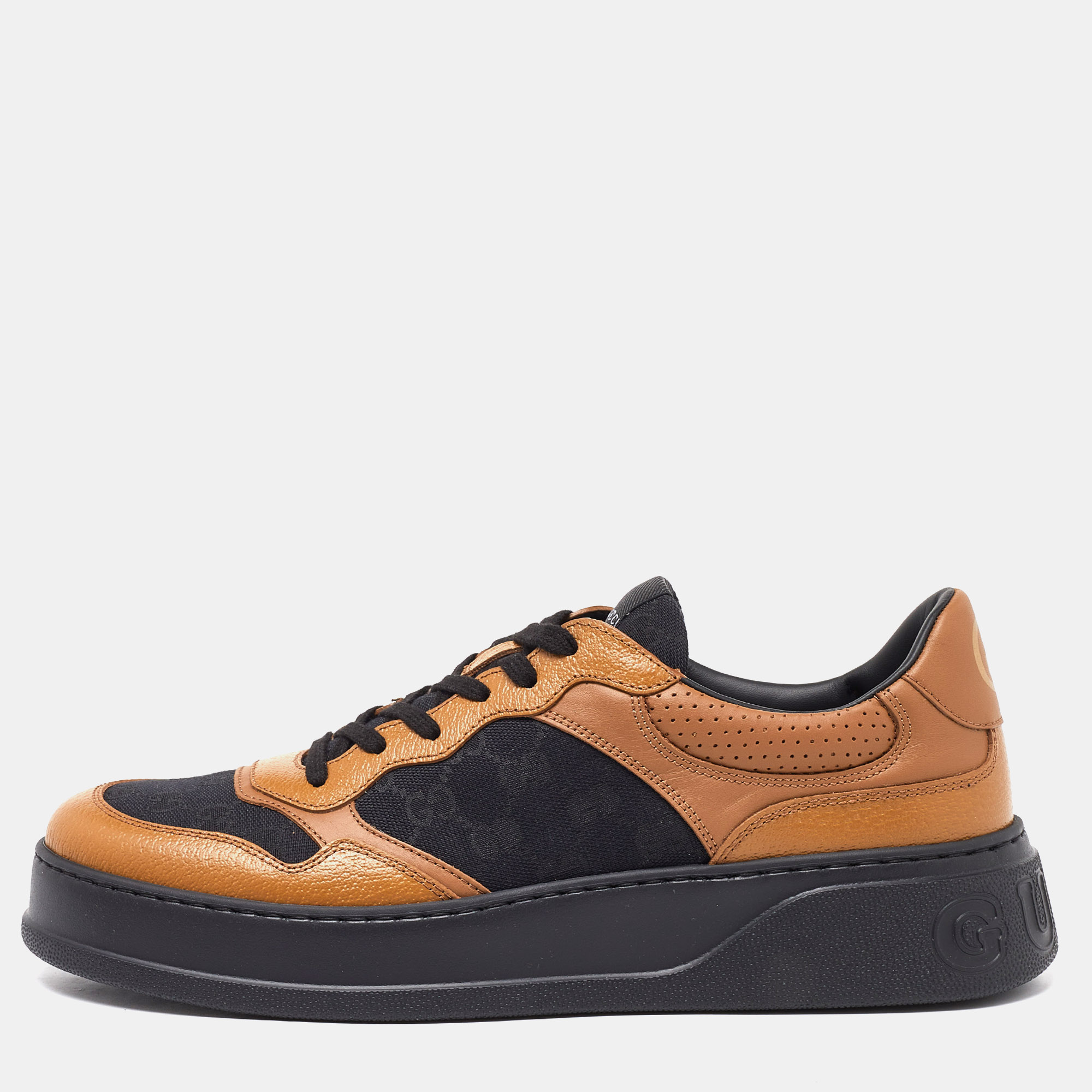 

Gucci Brown/Black Leather and Monogram Canvas Low Top Sneakers Size
