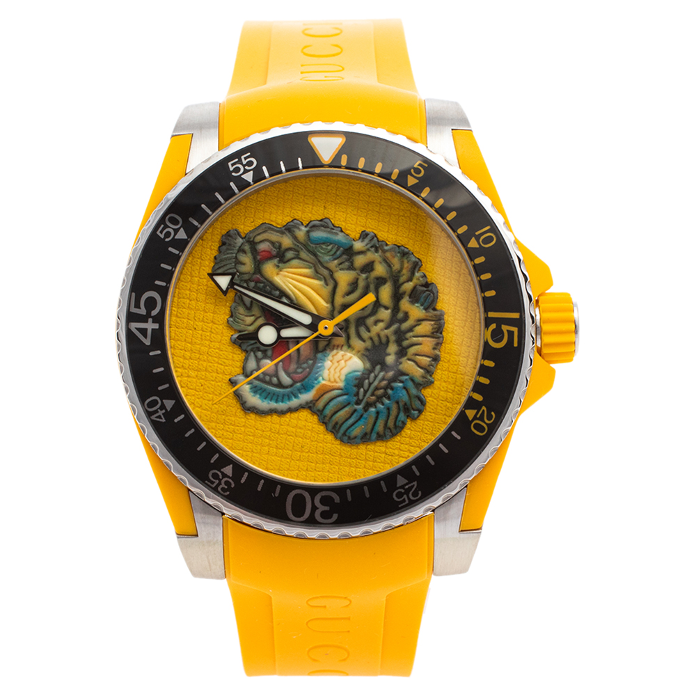 Pre-owned Gucci Yellow Stainless Steel Rubber Tiger Motif Dive Ya136317 Men's Wristwatch 40 Mm