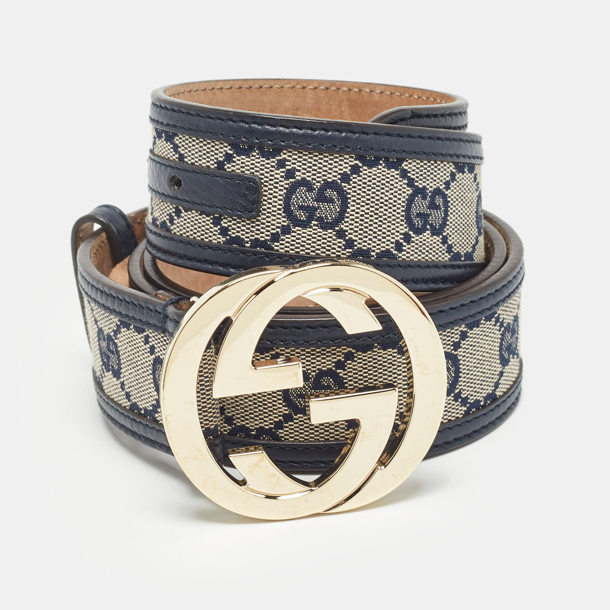 

Gucci Beige/Navy Blue GG Canvas and Leather Interlocking G Buckle Belt