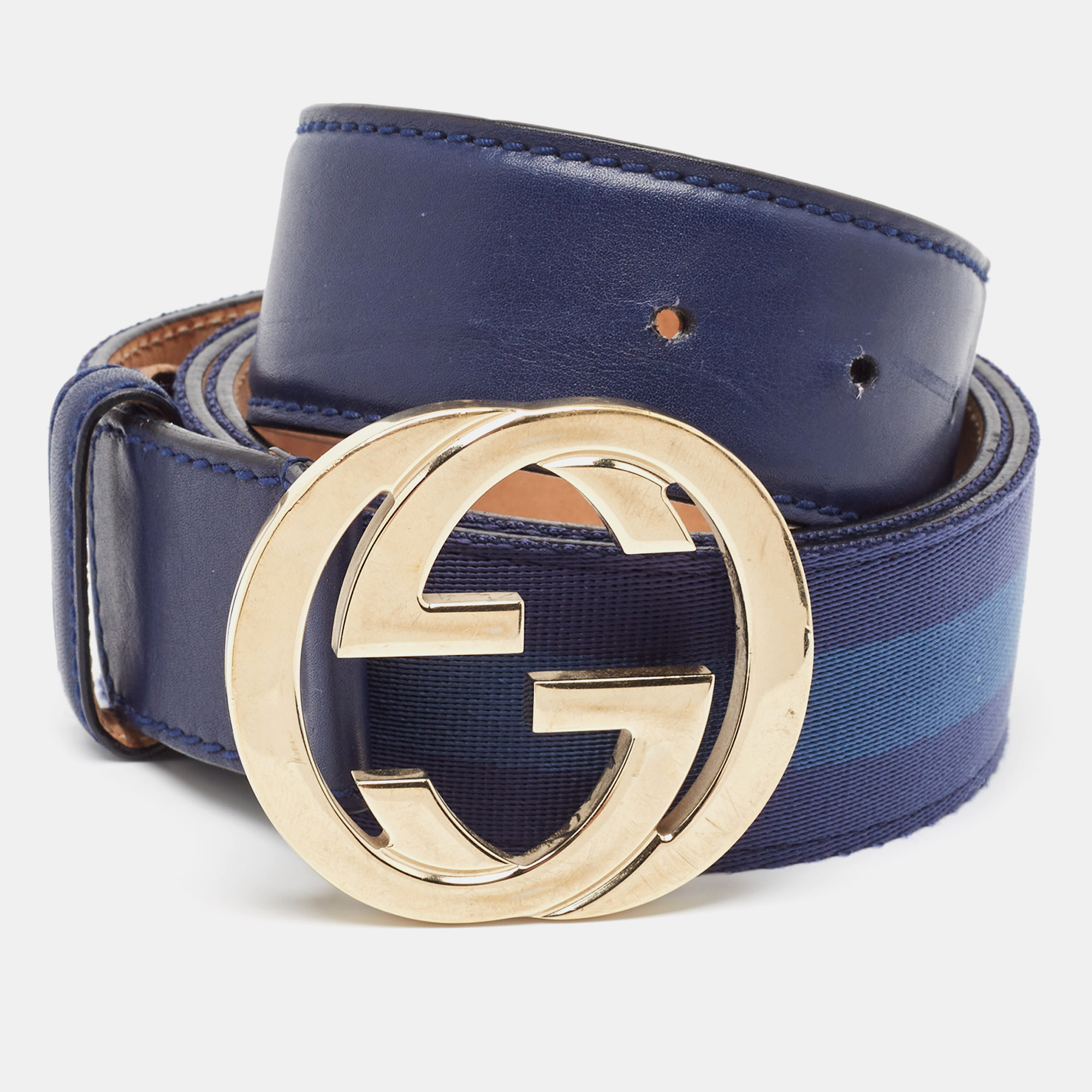 

Gucci Blue Web Canvas and Leather Interlocking G Buckle Belt