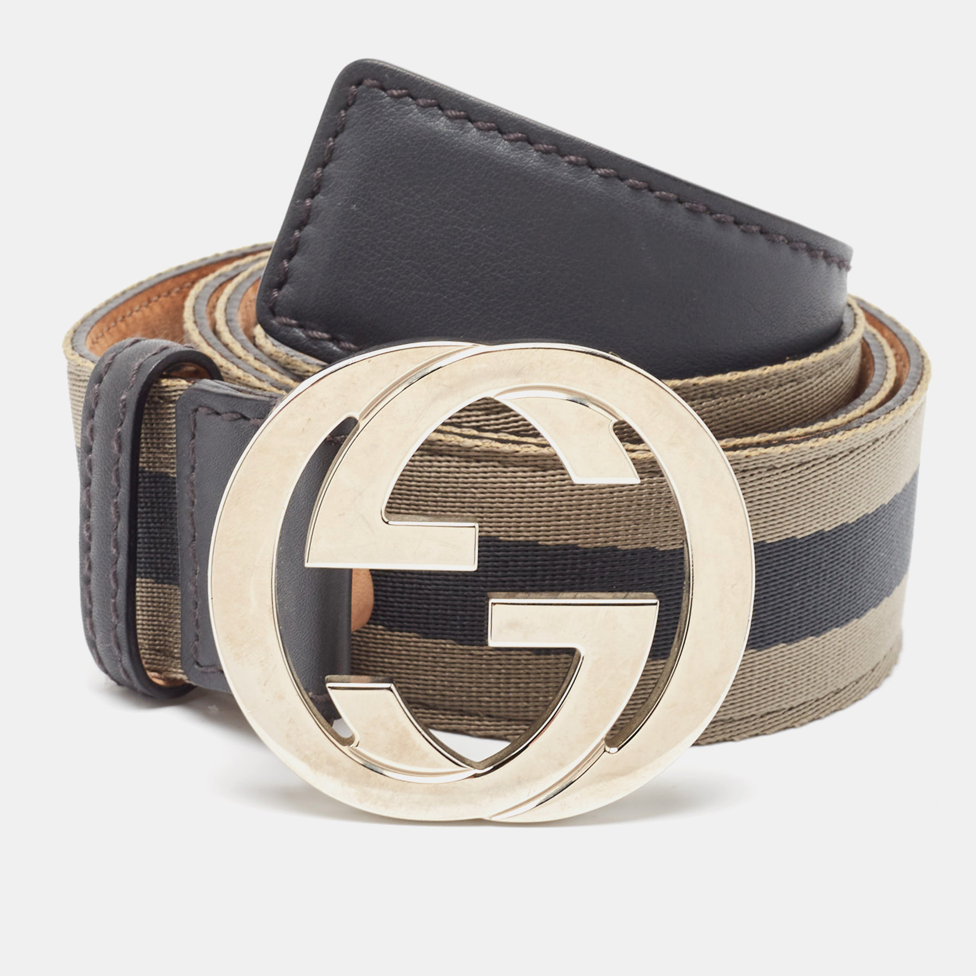 

Gucci Dark Grey Web Canvas and Leather Interlocking G Buckle Belt