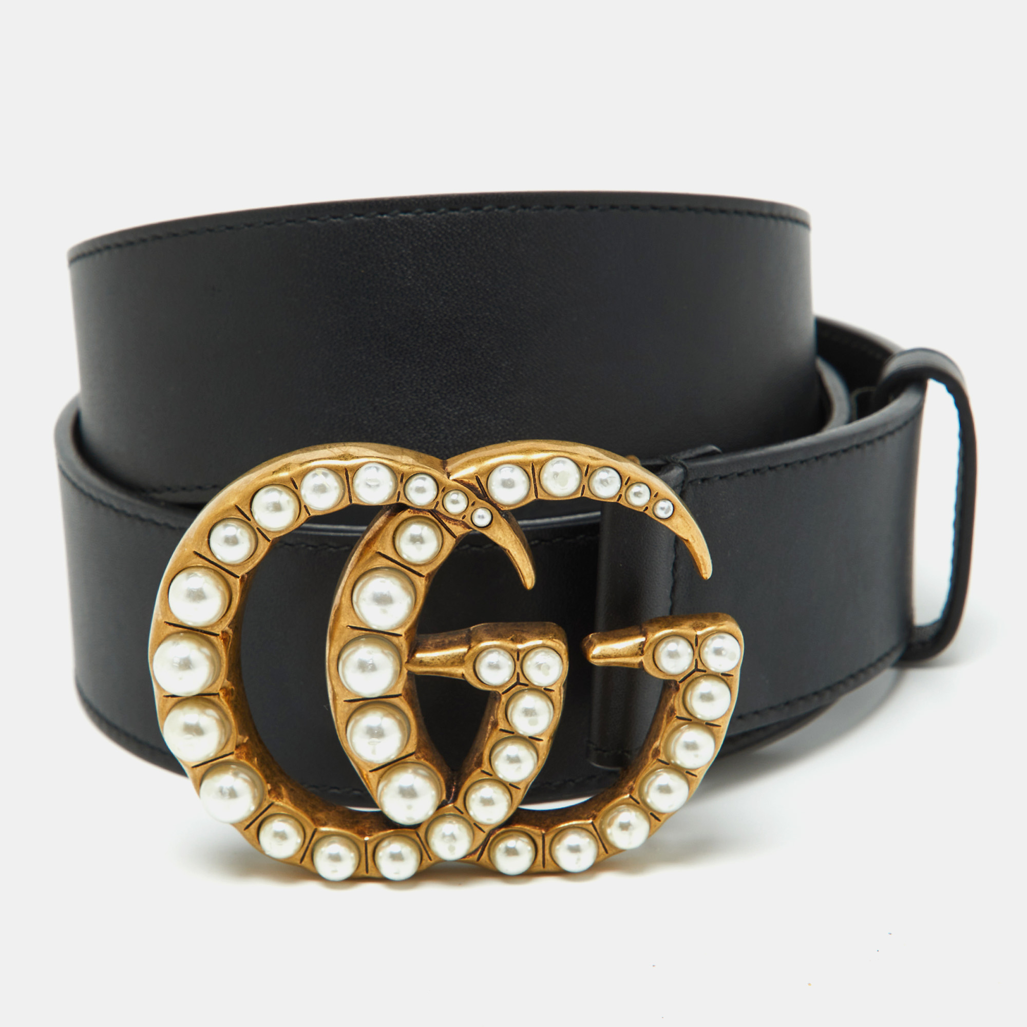 

Gucci Black Leather GG Marmont Pearl Embellished Buckle Belt