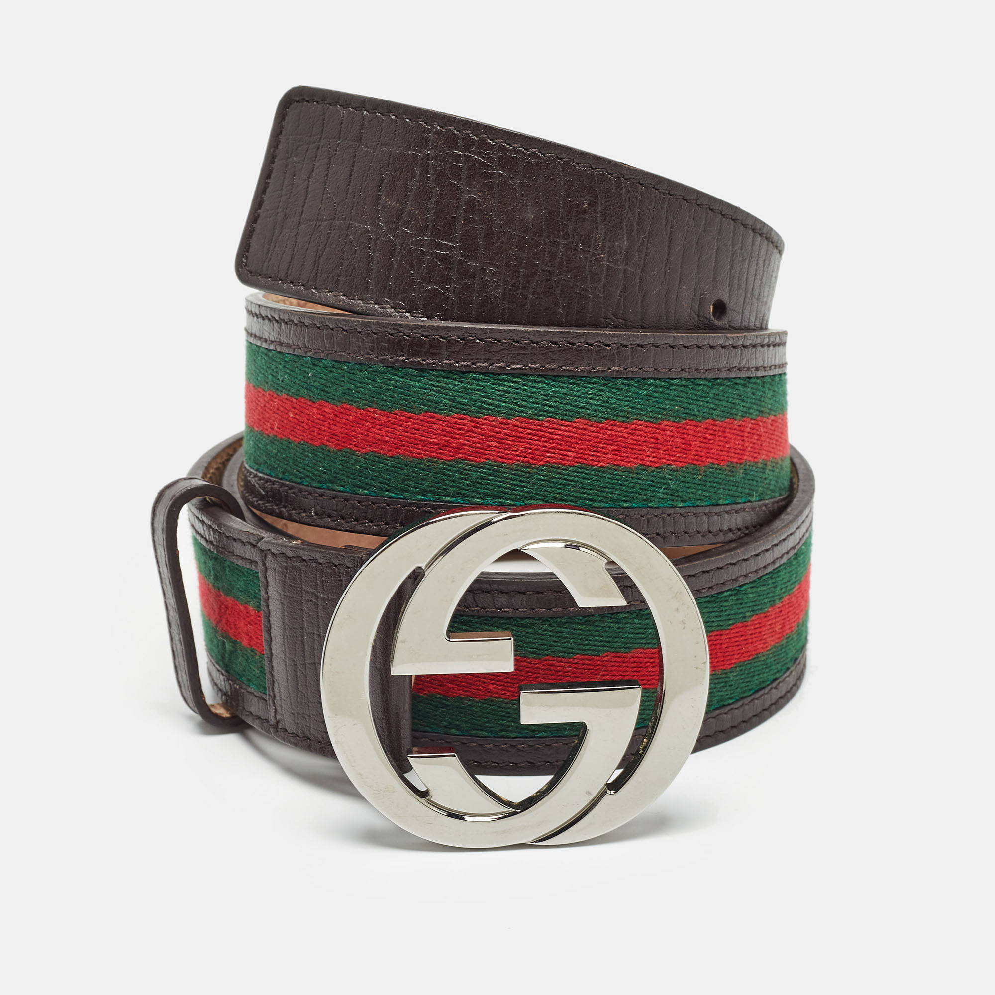 Pre-owned Gucci Brown Web Canvas And Leather Interlocking G Buckle Belt 95cm