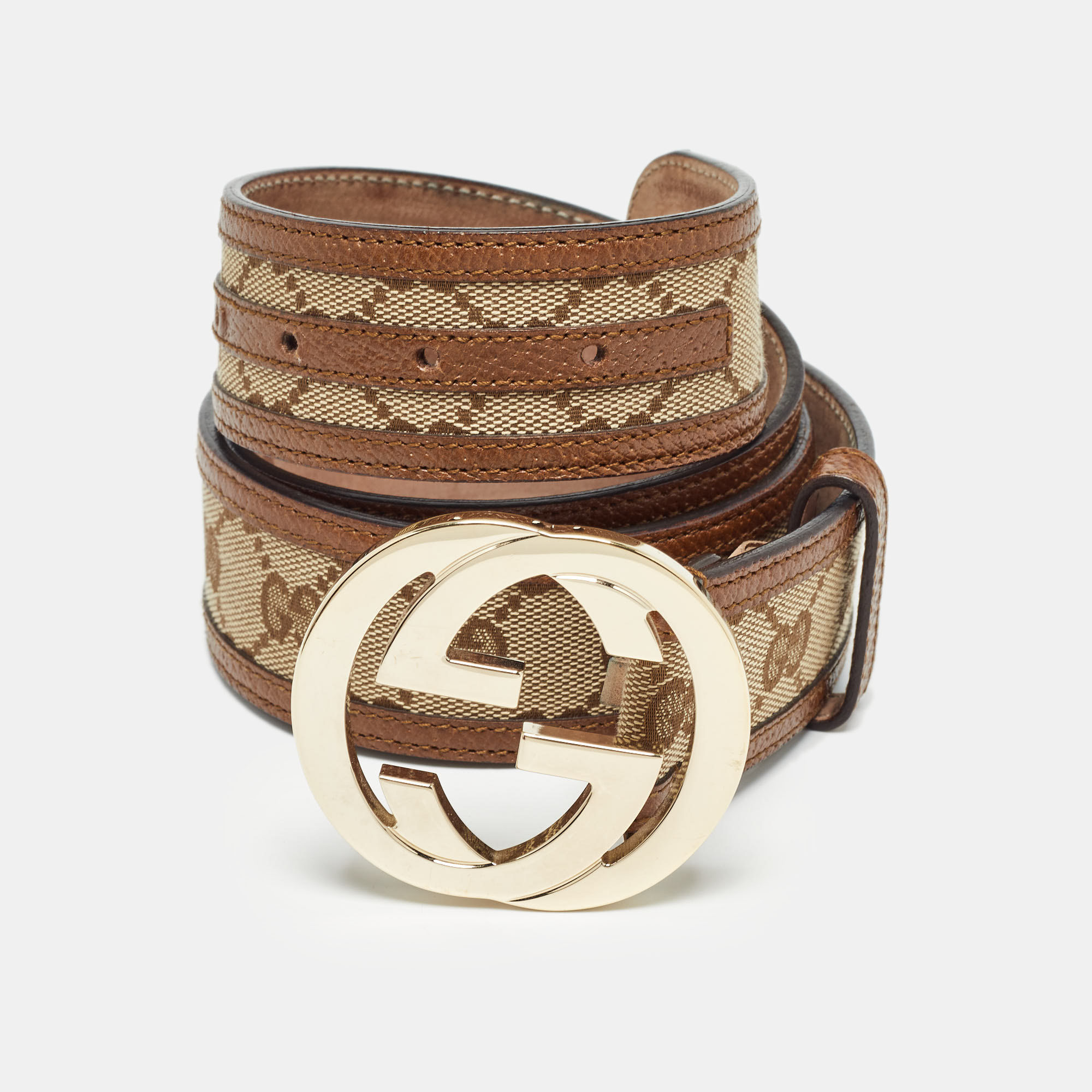 

Gucci Beige/Brown GG Canvas and Leather Interlocking G Buckle Belt