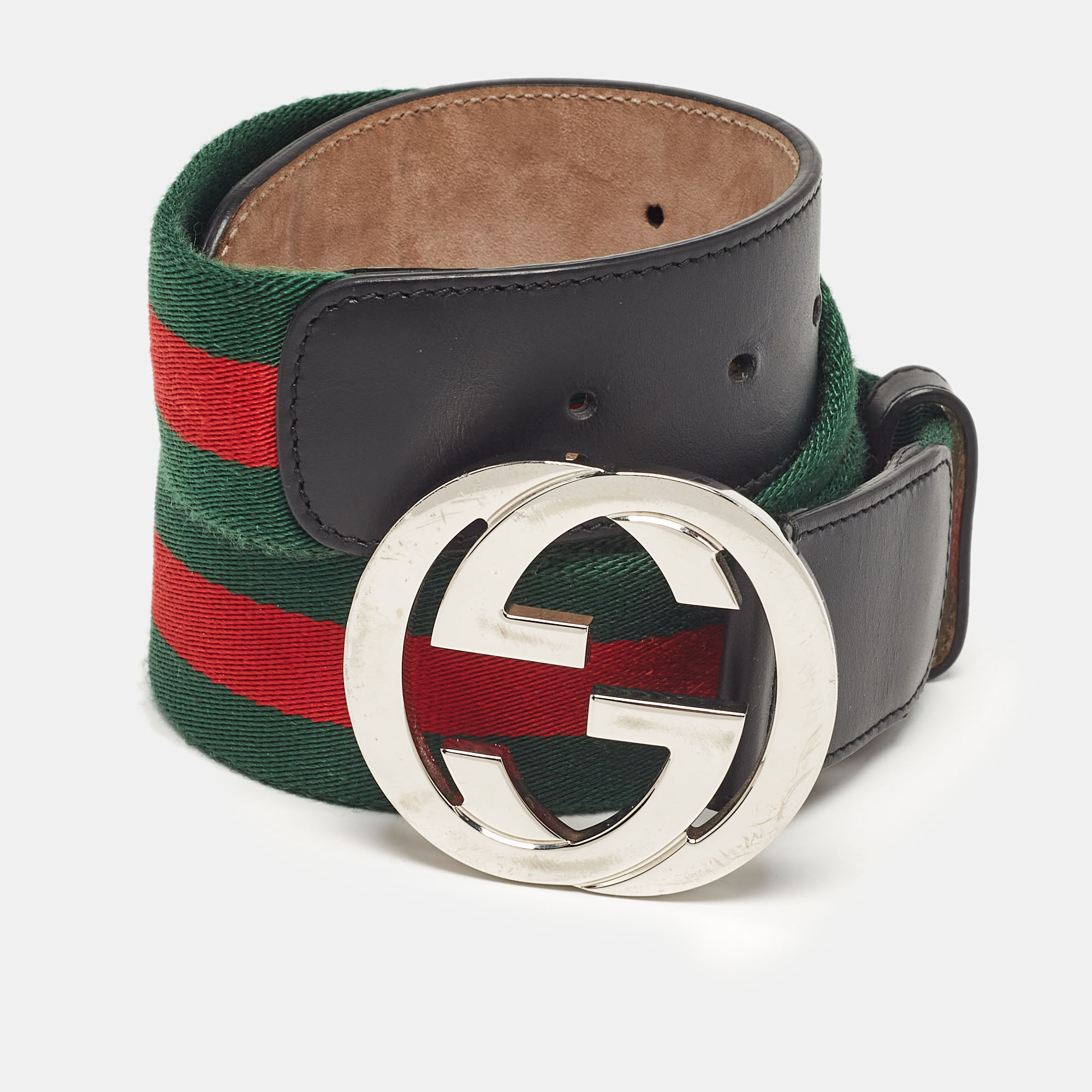 

Gucci Black Leather and Web Canvas Interlocking G Buckle Belt