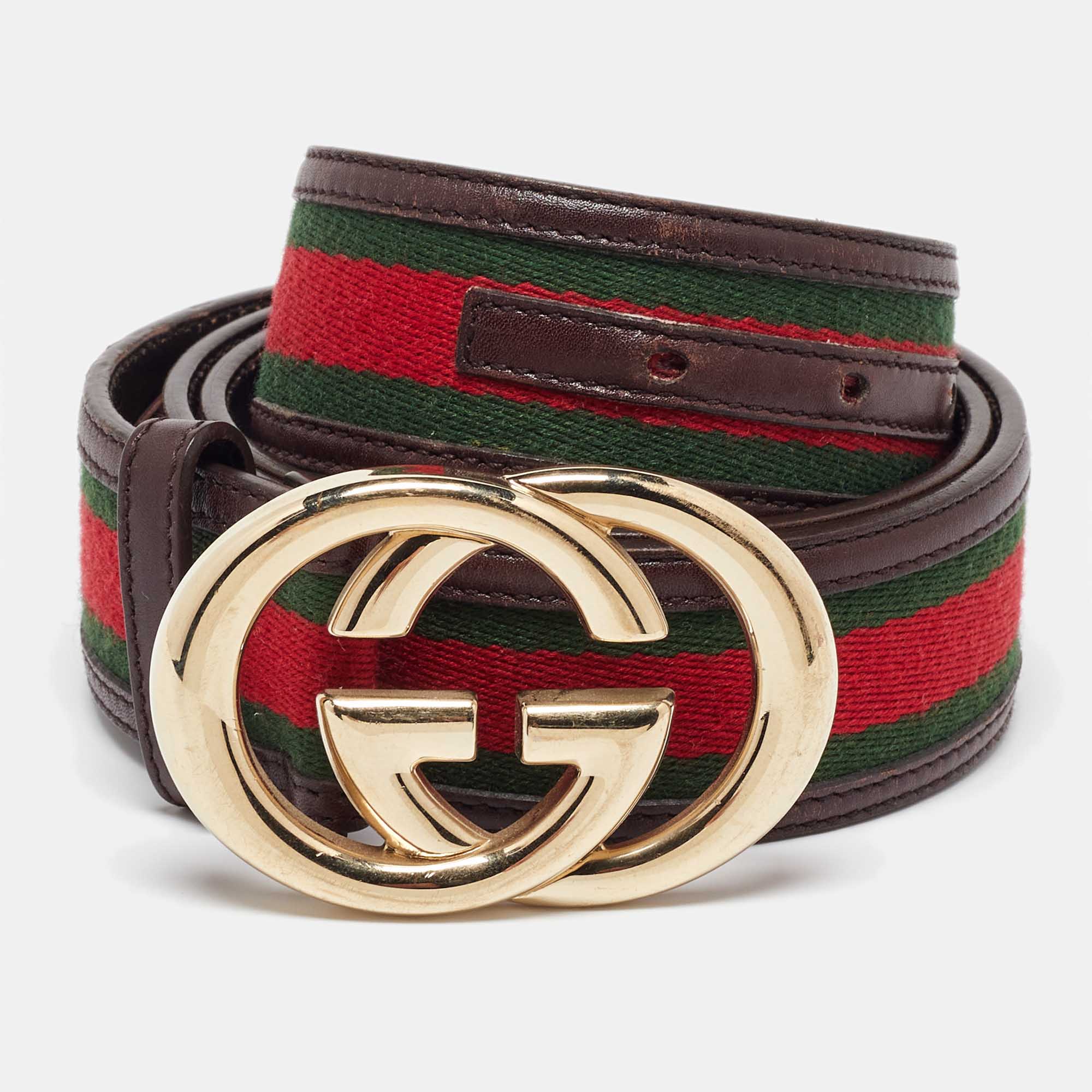 

Gucci Brown Web Canvas and Leather Interlocking GG Buckle Belt