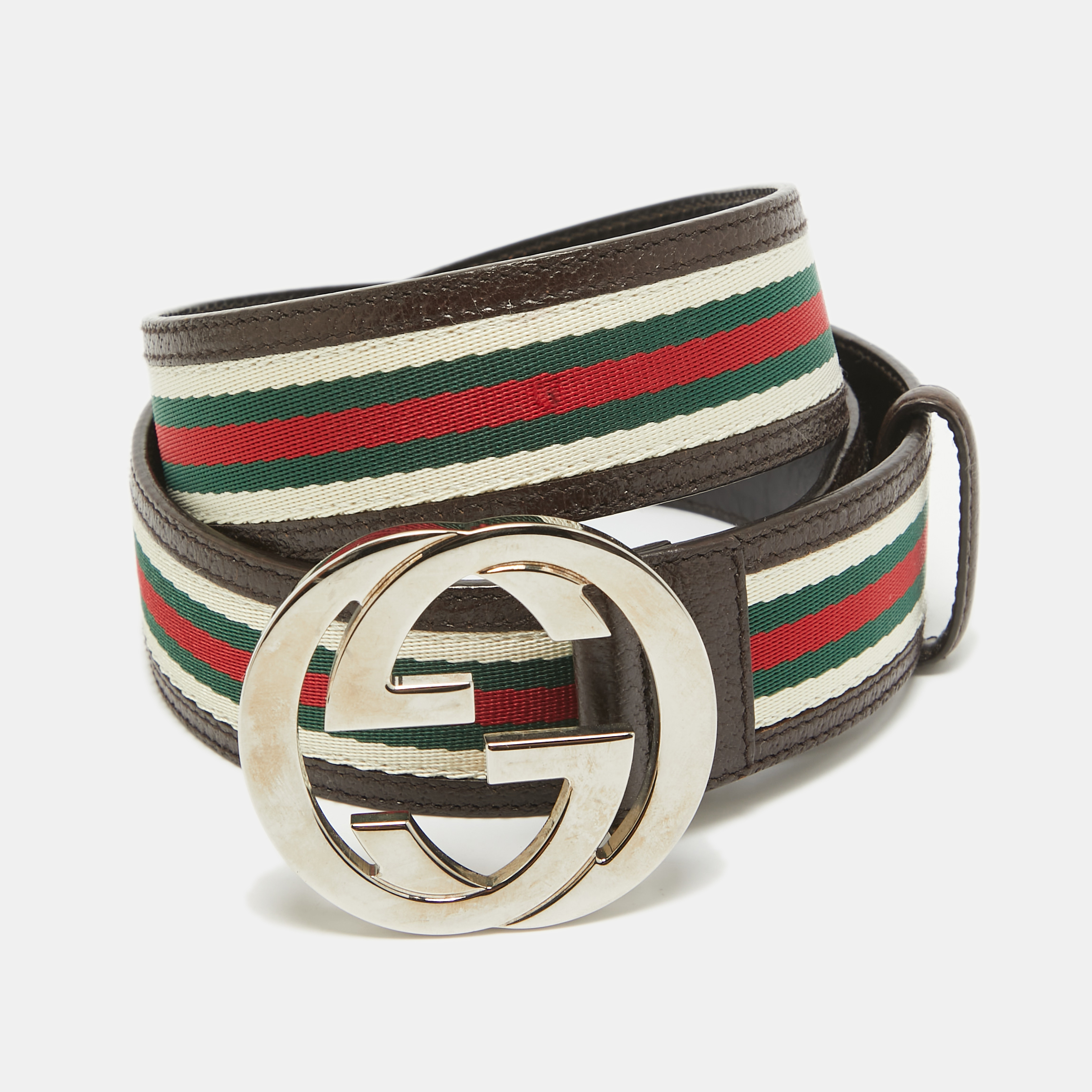 

Gucci Brown Web Canvas and Leather Interlocking G Buckle Belt