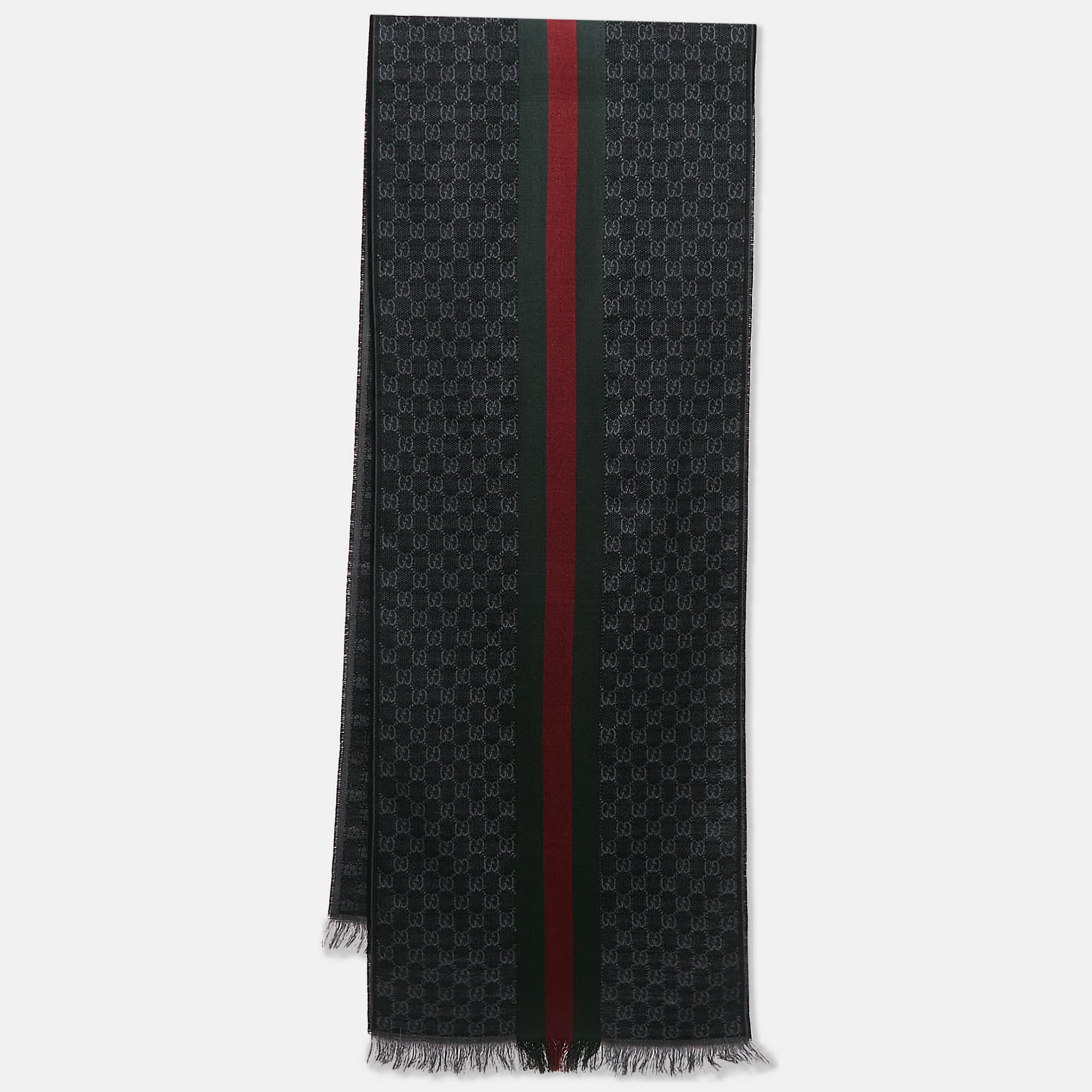 Pre-owned Gucci Grey Web Striped Gg Jacquard Wool Scarf