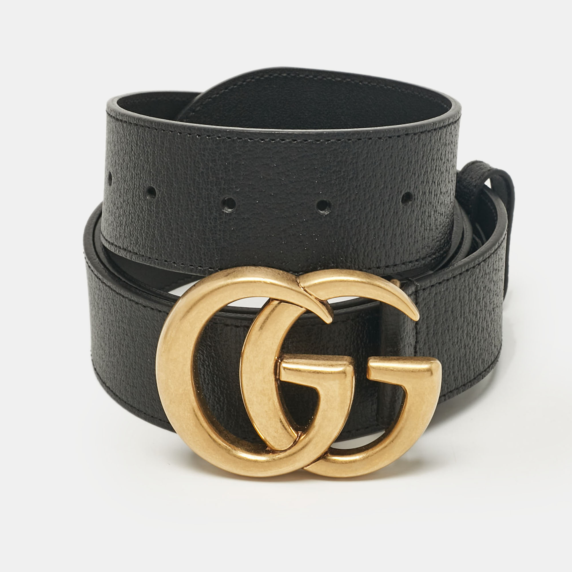 Pre-owned Gucci Black Leather Gg Marmont Buckle Belt 105cm