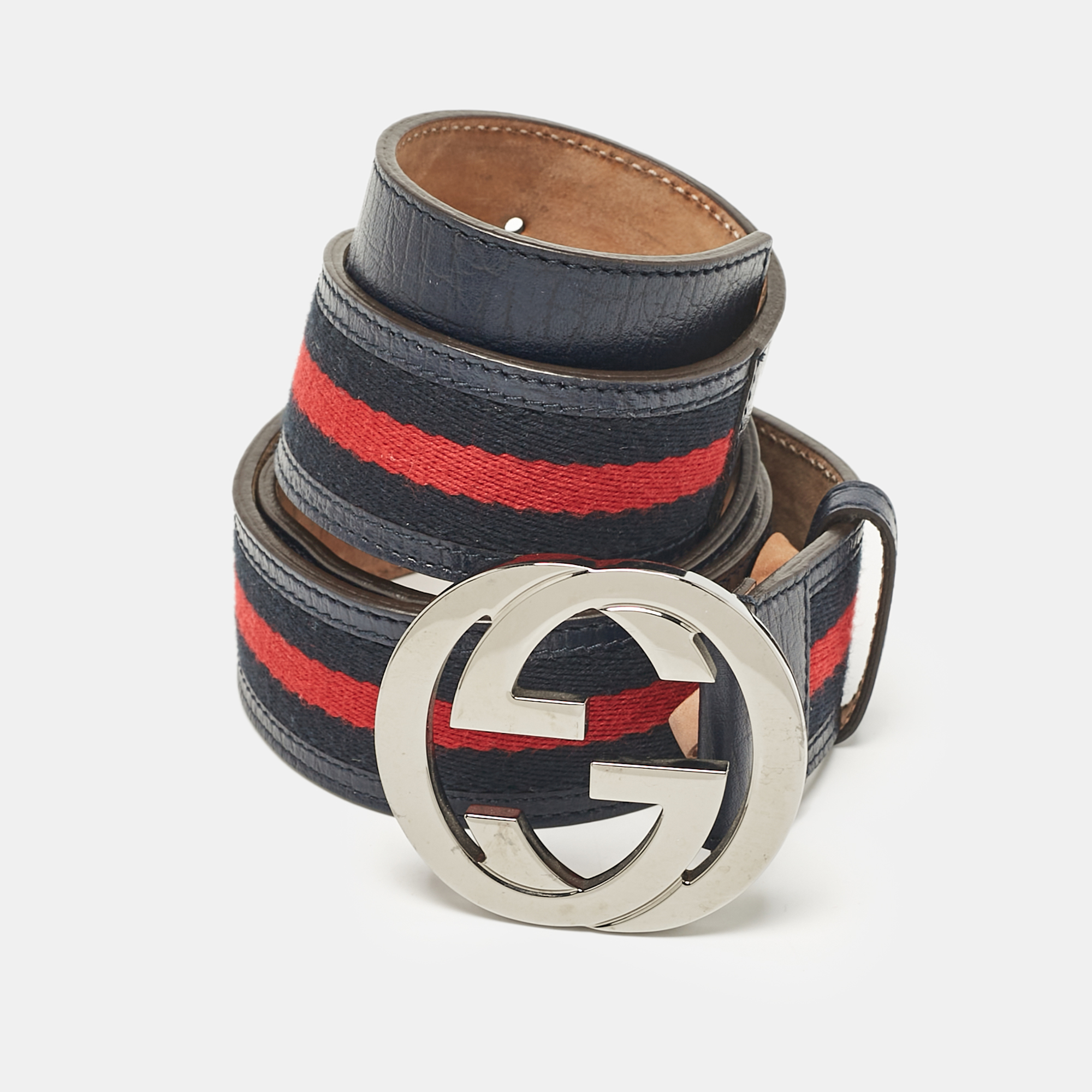 

Gucci Navy Blue Leather and Web Canvas Interlocking G Buckle Belt