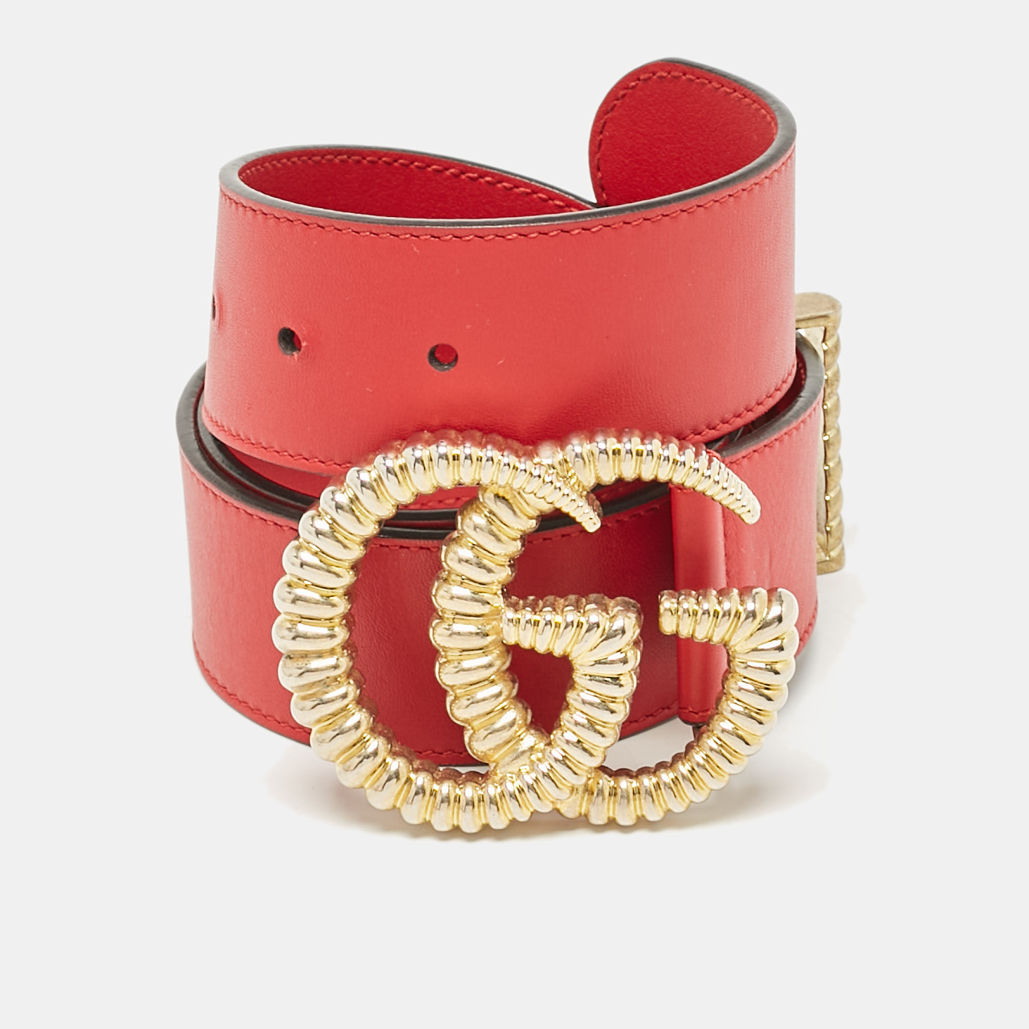 

Gucci Red Leather Torchon GG Marmont Buckle Belt