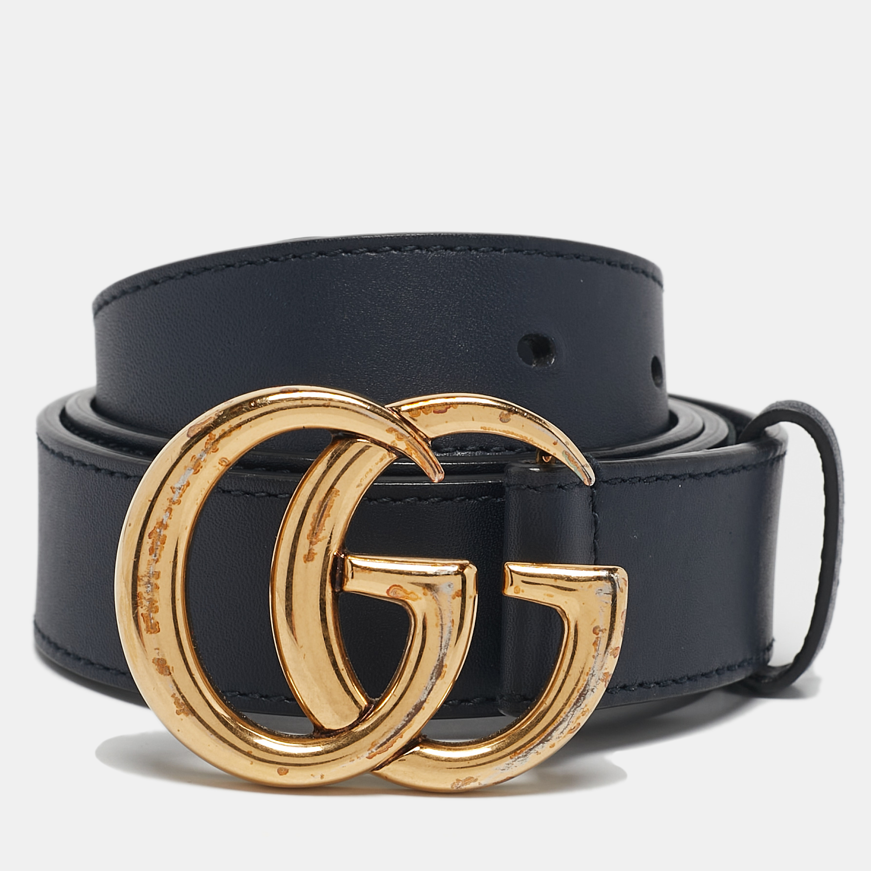 

Gucci Navy Blue Leather GG Marmont Buckle Belt