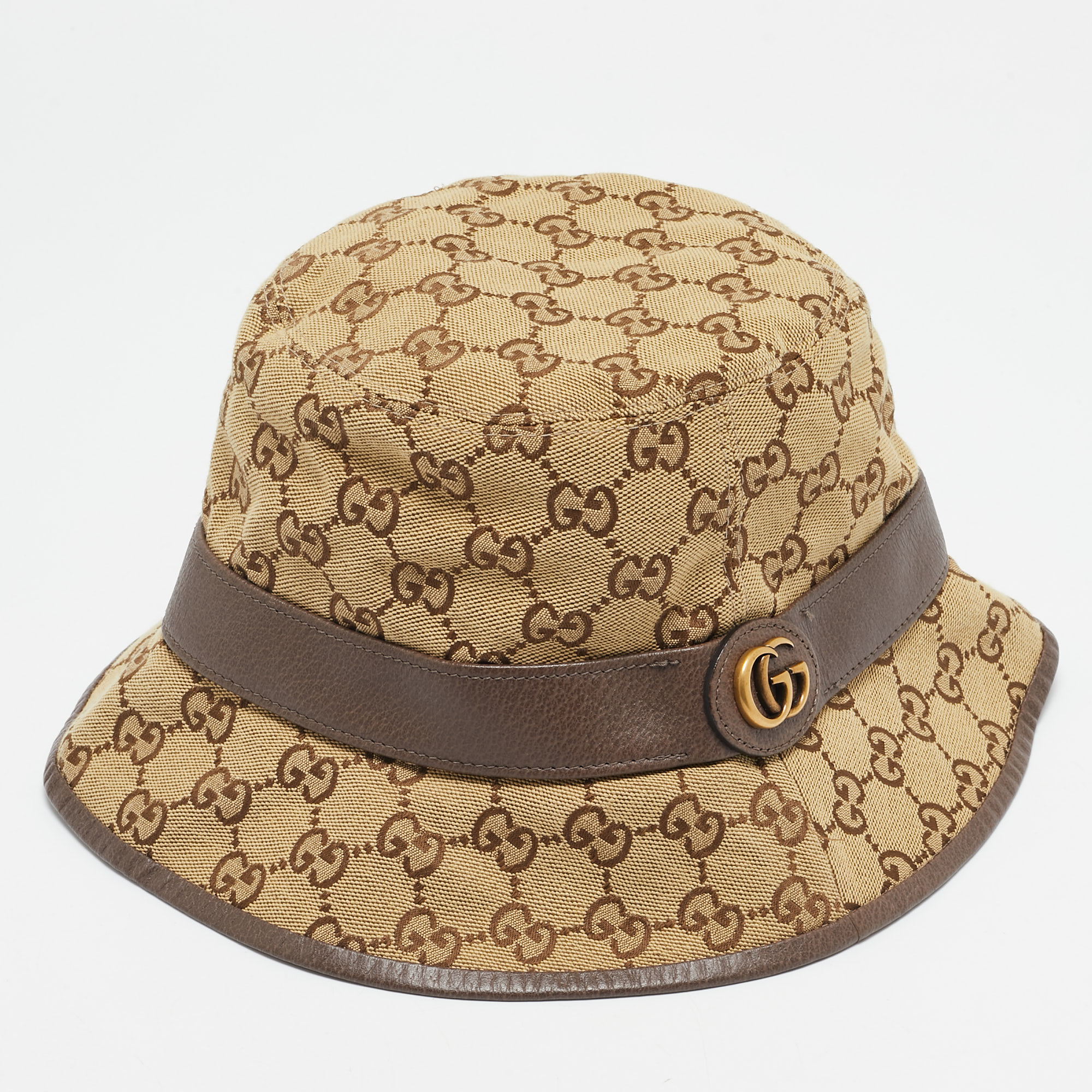

Gucci Brown GG Canvas and Leather Trim Bucket Hat, Beige
