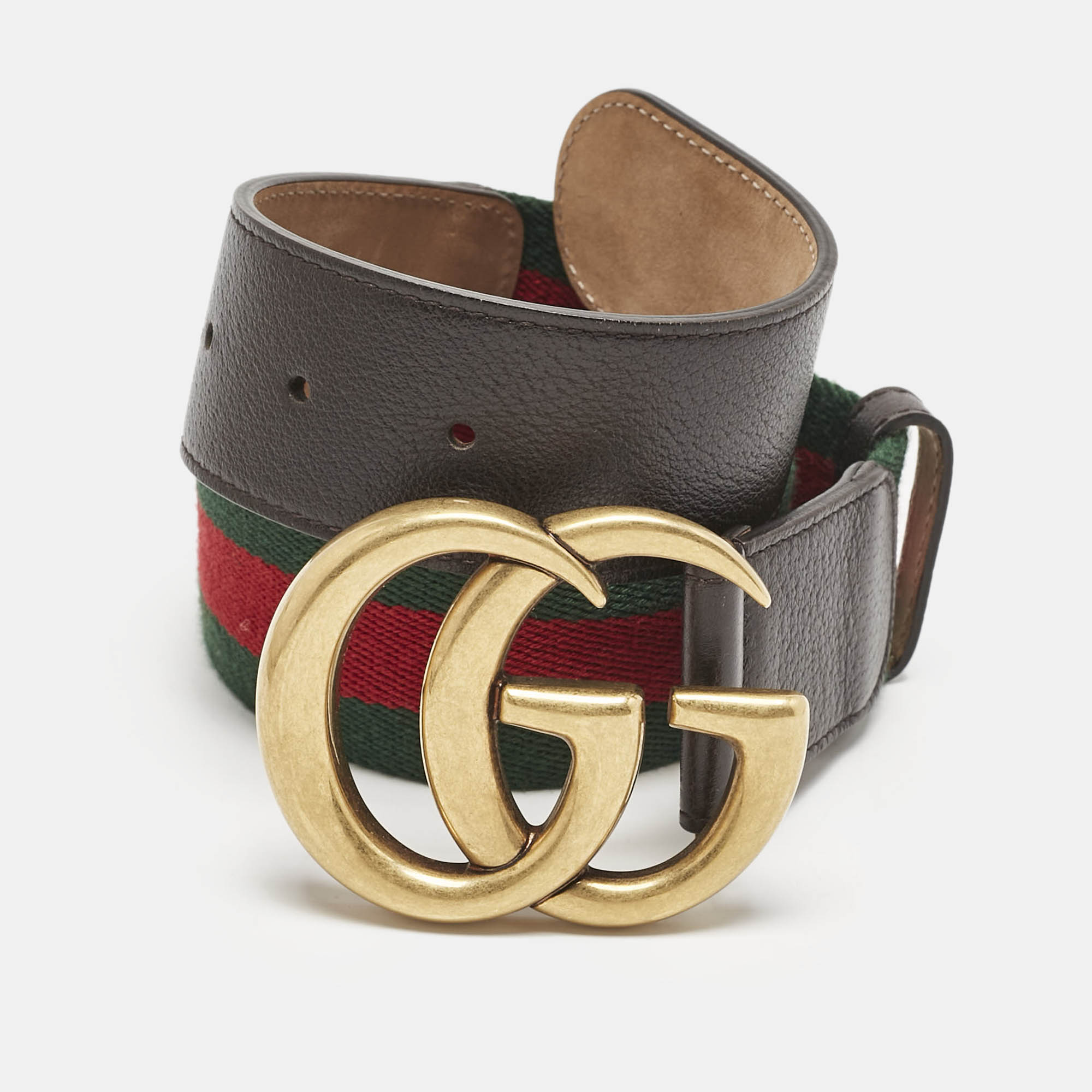 

Gucci Brown Leather and Web Canvas GG Marmont Buckle Belt