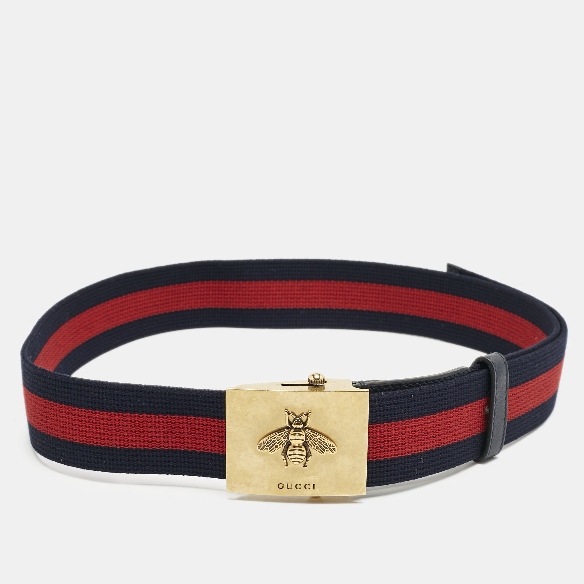 

Gucci Red/Blue Web Canvas and Leather Bee Plague Buckle Belt