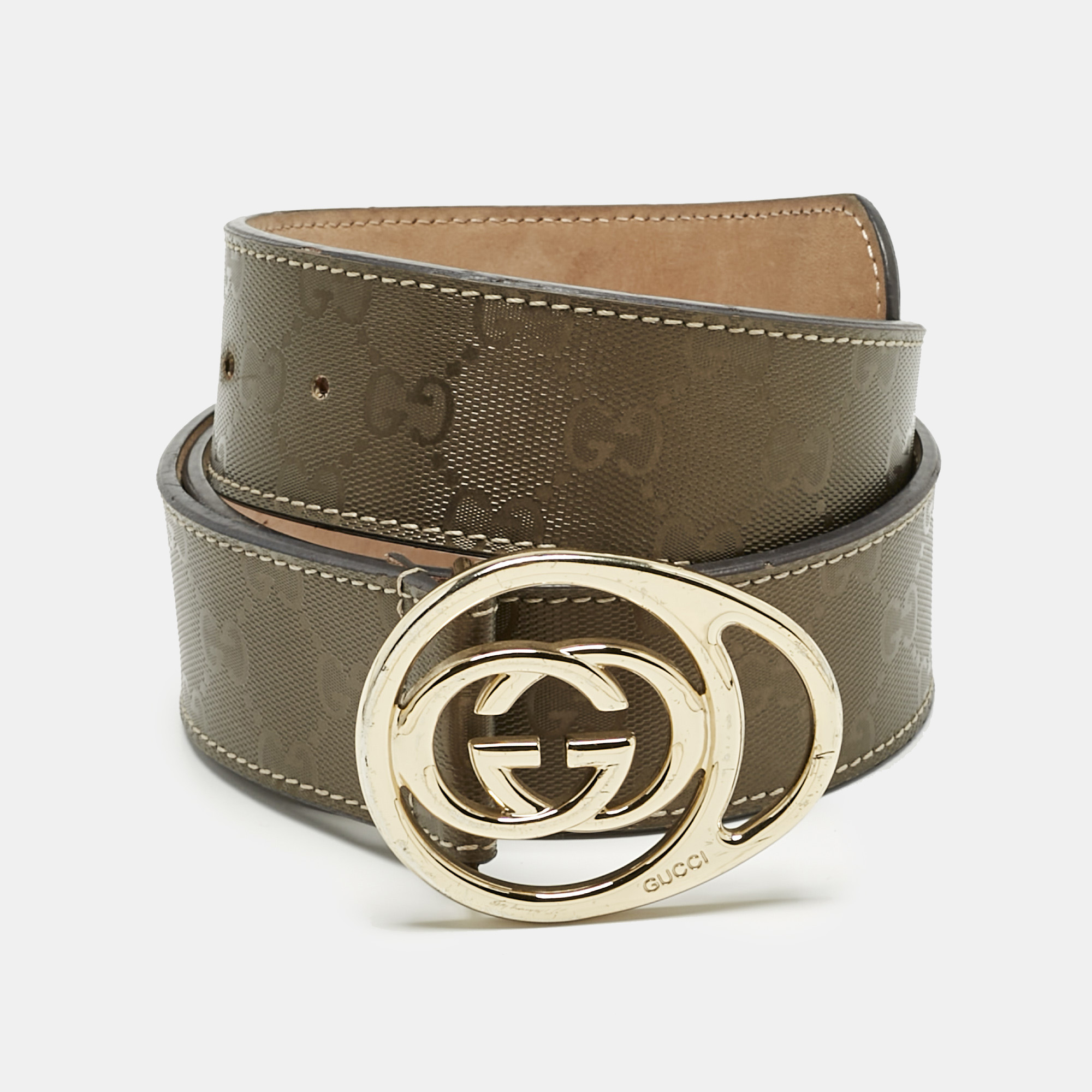 Gucci Olive Green GG Imprime Canvas Interlocking G Buckle Belt 95CM