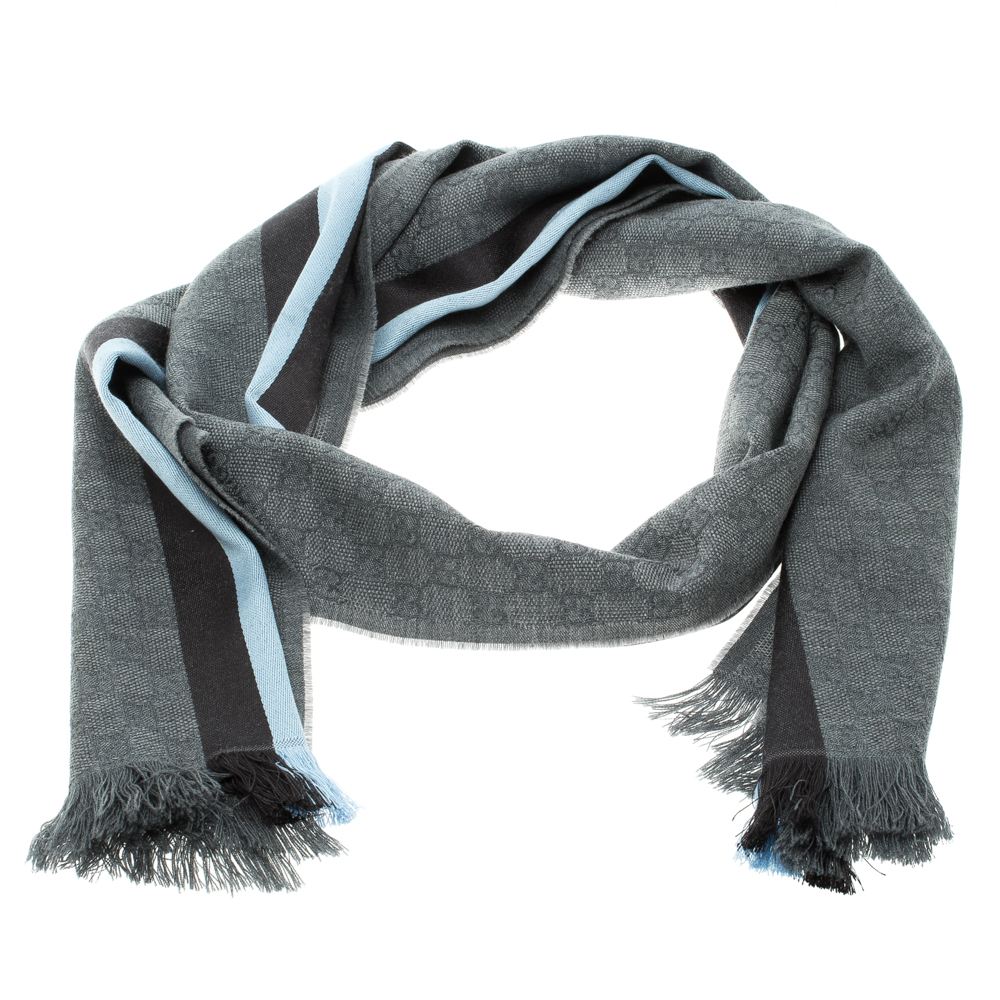 Pre Owned Gucci Grey Guccissima Wool and Silk Web Stripe Detail Fringed Edge Muffler