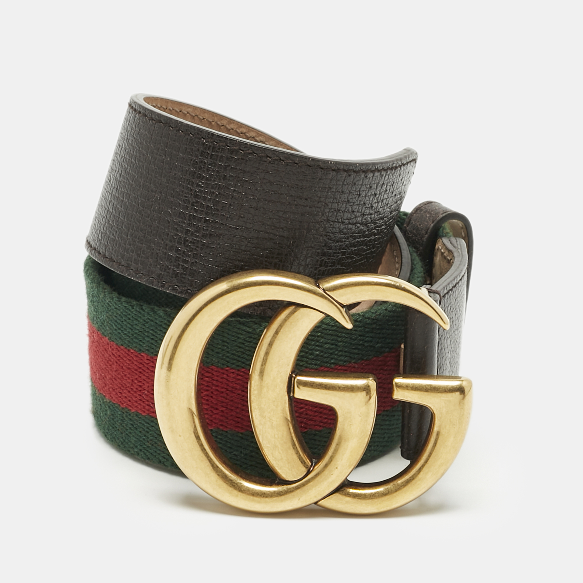Pre-owned Gucci Red/green Web Canvas And Leather Gg Marmont Buckle Belt 70cm In Brown