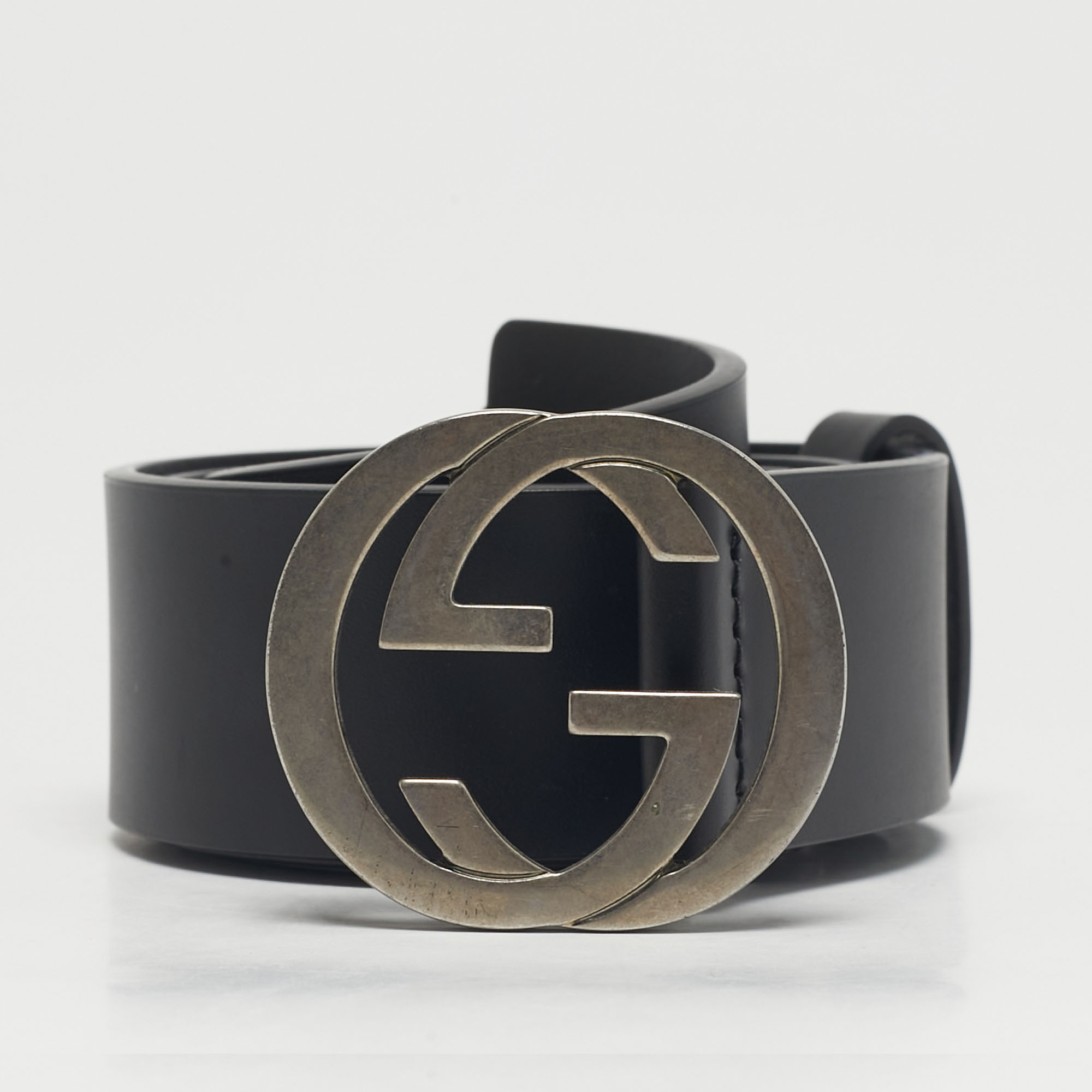 

Gucci Black Leather Interlocking G Buckle Belt 85CM