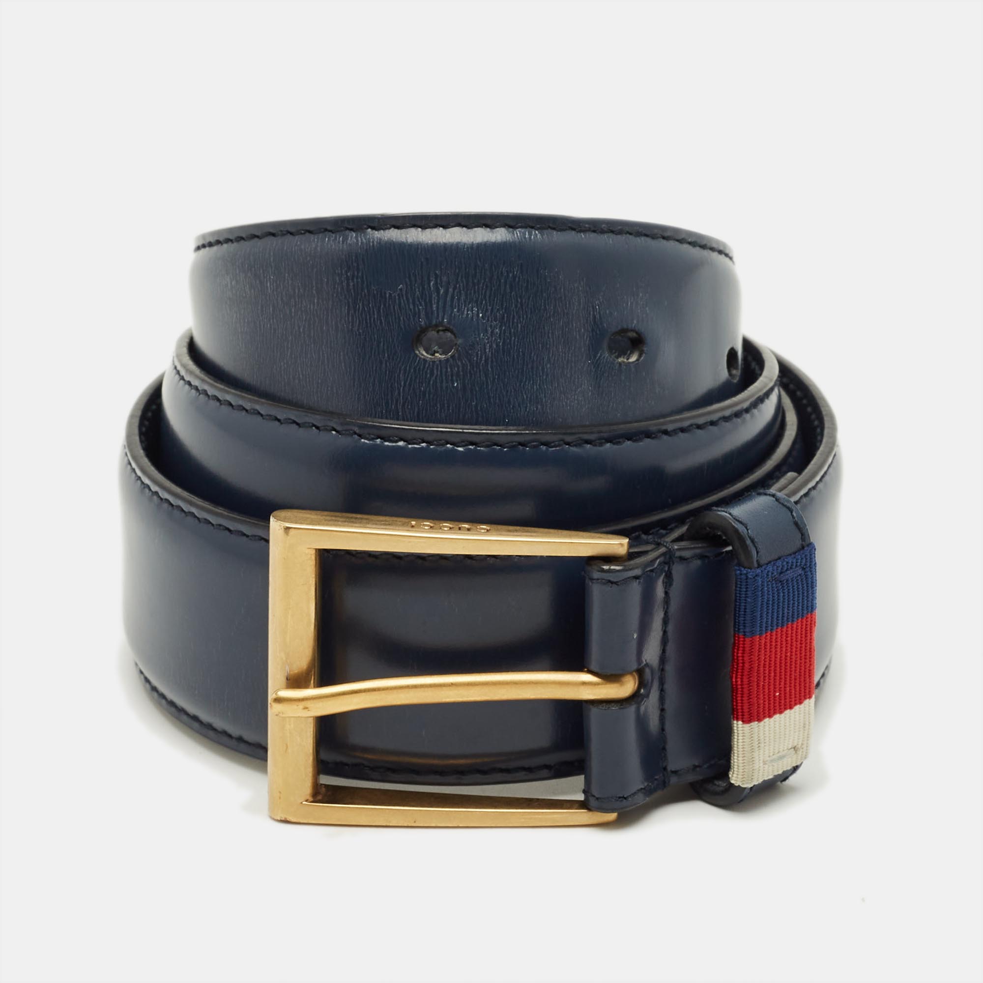 

Gucci Navy Blue Leather Web Buckle Belt 90CM