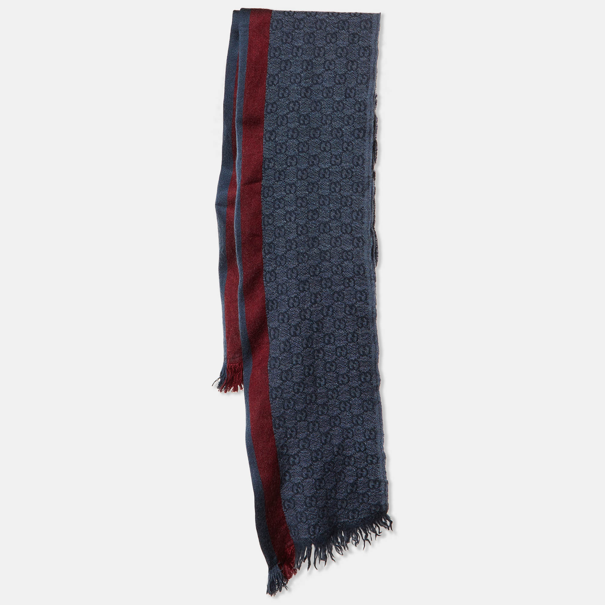 

Gucci Blue Web Striped GG Jacquard Wool Scarf