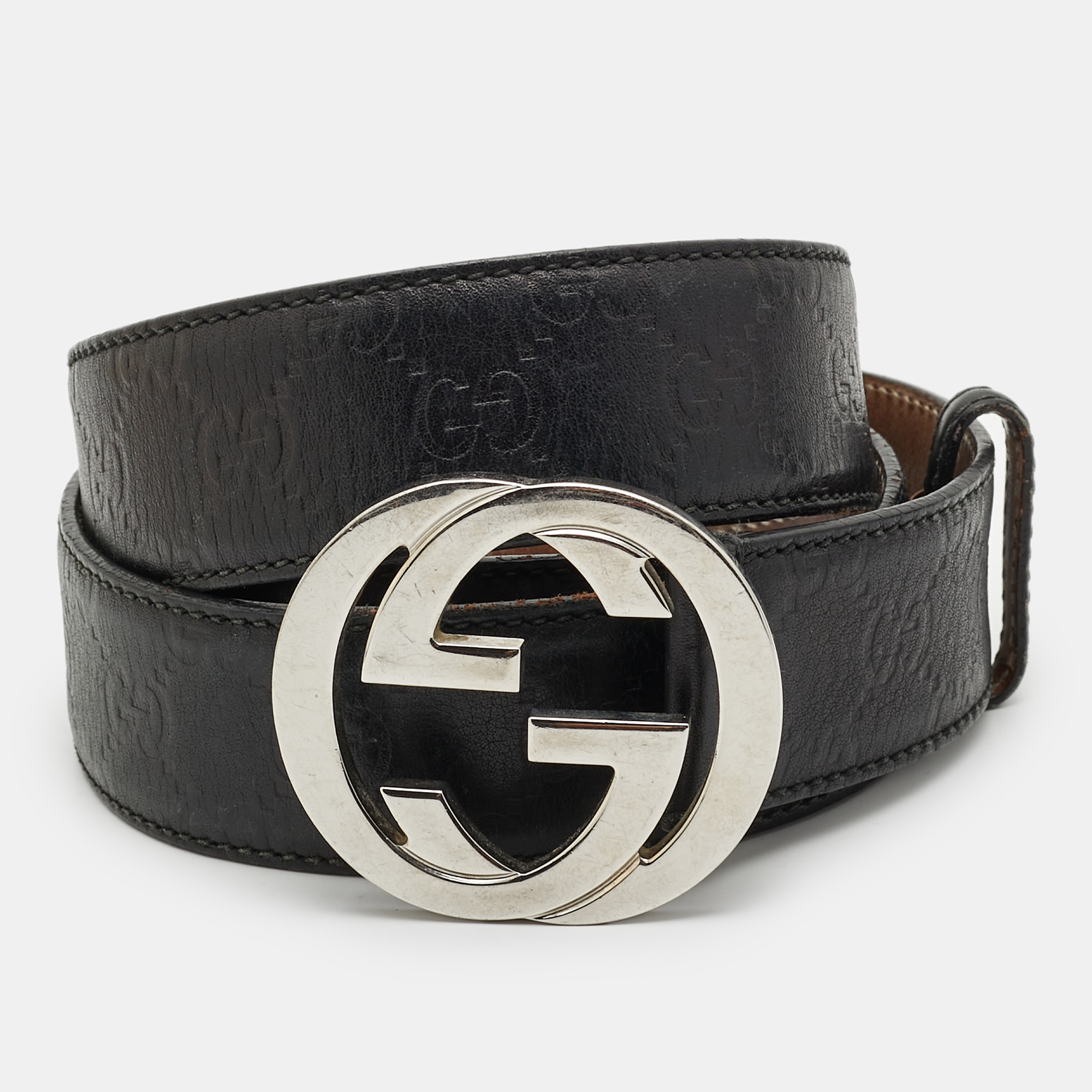 

Gucci Interlocking G 105CM Buckle Belt Black Guccissima Leather