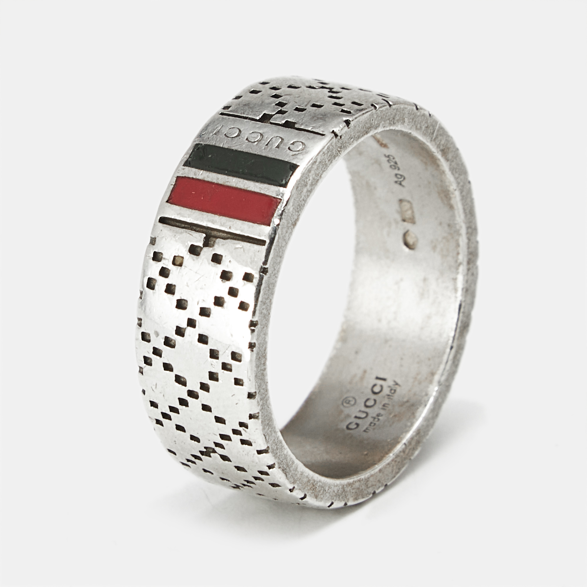 Pre-owned Gucci Diamantissima Enamel Sterling Silver Ring Size 63