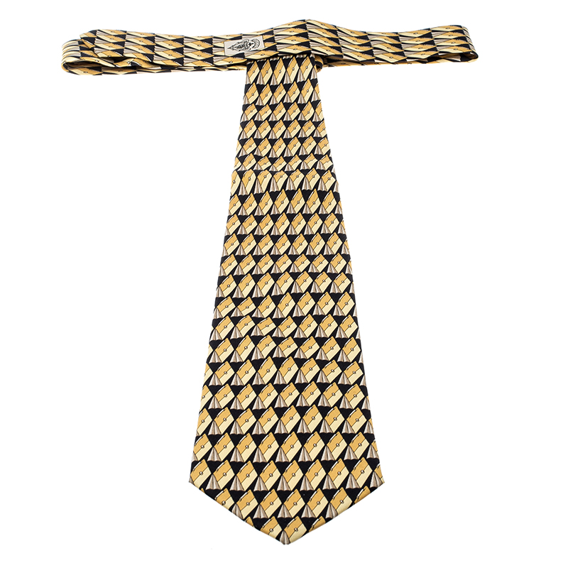Pre-owned Gucci Vintage Black And Yellow Bag Print Silk Tie