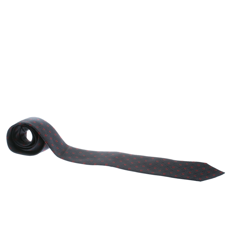 Pre Owned Gucci Navy Blue and Red Dotted Guccissima Silk Jacquard Traditional Tie