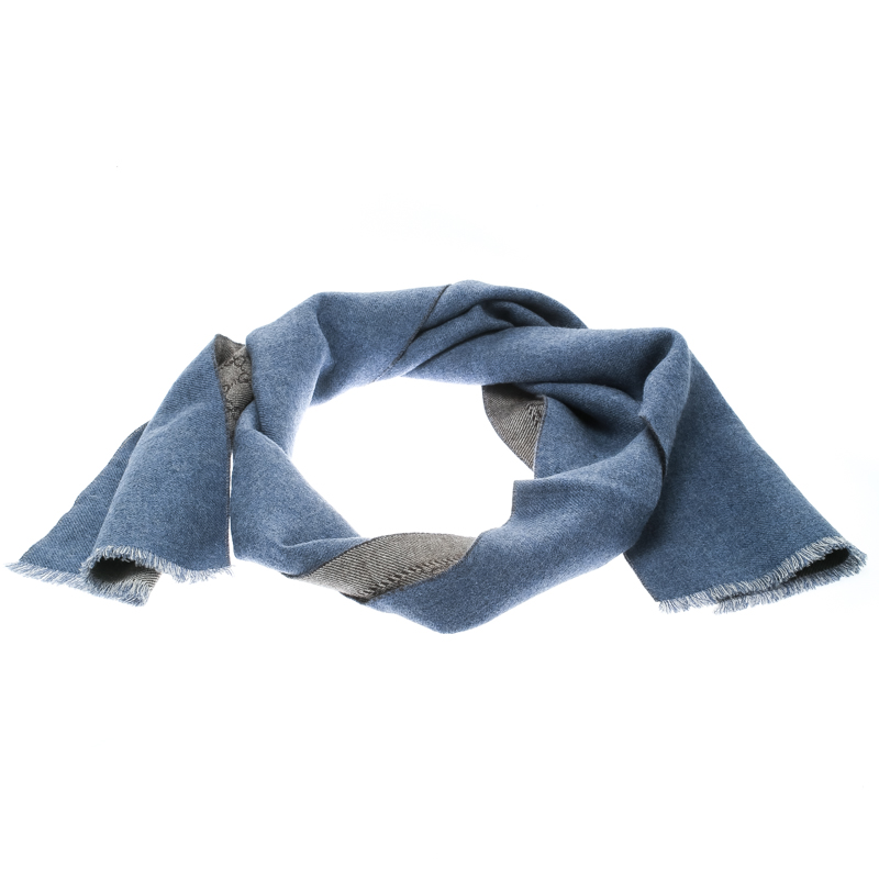 Gucci Blue and Brown Guccissima Pattern Wool Reversable Muffler