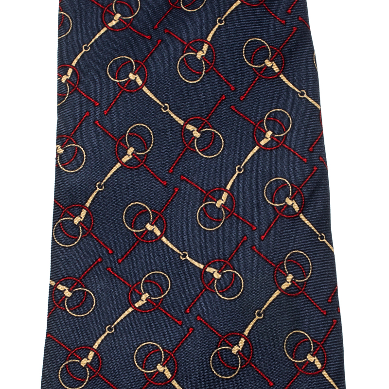 

Gucci Navy Blue Silk Equestrian Snaffle Bit Print Tie