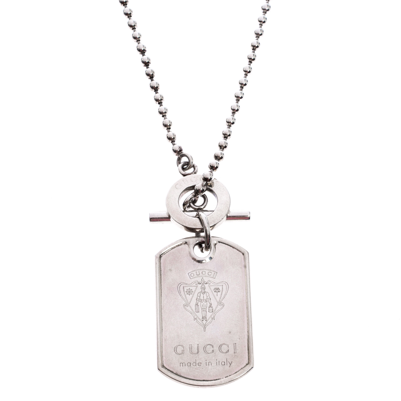 Pre-owned Gucci Crest Engraved Sterling Silver Dog Tag Necklace