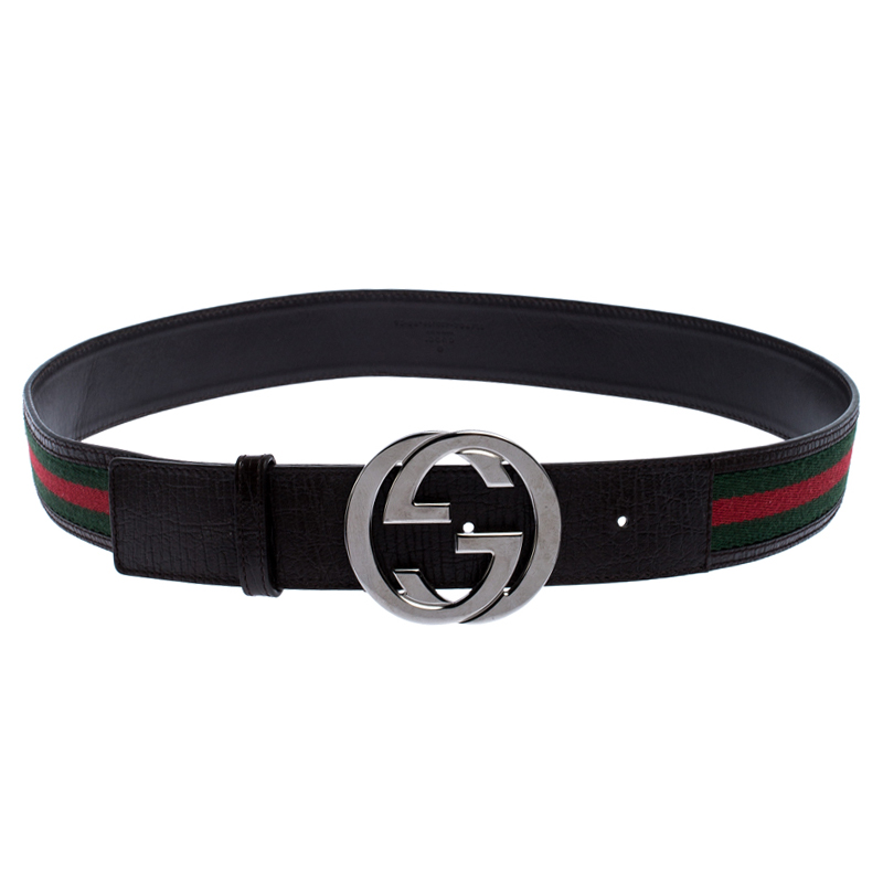 Pre Owned حزام غوتشي إبزيم G متشابك جلد وكانفاس ويب بني داكن 90 سم