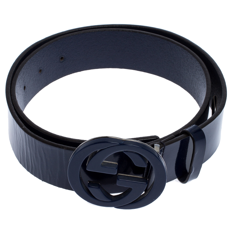 Gucci Navy Blue Patent Leather Interlocking G Buckle Belt 90CM Gucci