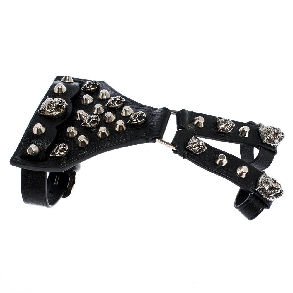 

Gucci Feline Head Studded Black Leather Silver Tone Hand Harness Finger Ring Cuff Bracelet