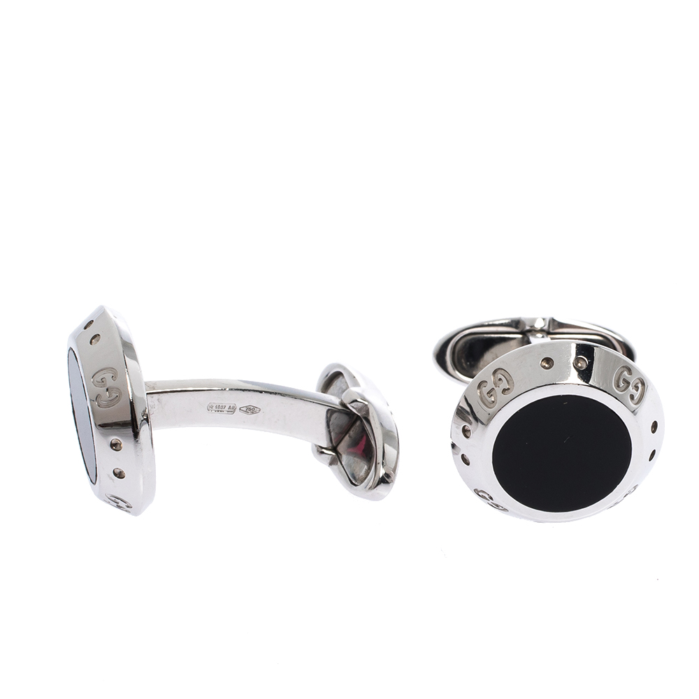 

Gucci Icon Onyx 18K White Gold Cufflinks, Silver